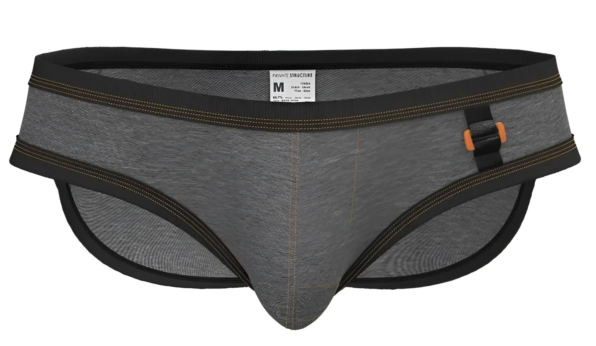 Private structure barn boy low rise mini briefs in stone gray heathered fabric with black trim and orange belt buckle
