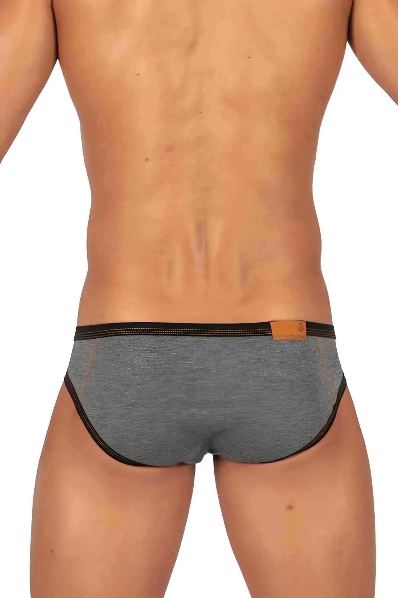 Gray heathered private structure barn boy low rise mini briefs with black trim and tan leather patch on waistband