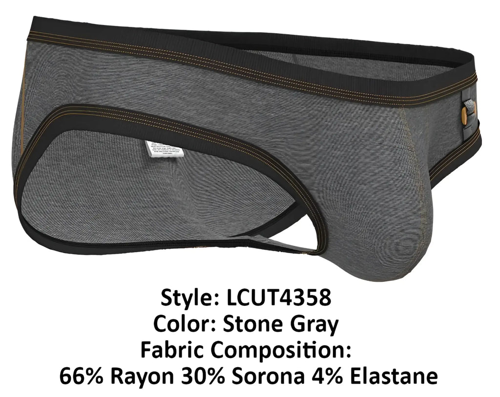 Stone gray private structure lcut4358 barn boy low rise men’s briefs with black trim and gold stitching made from rayon sorona elastane