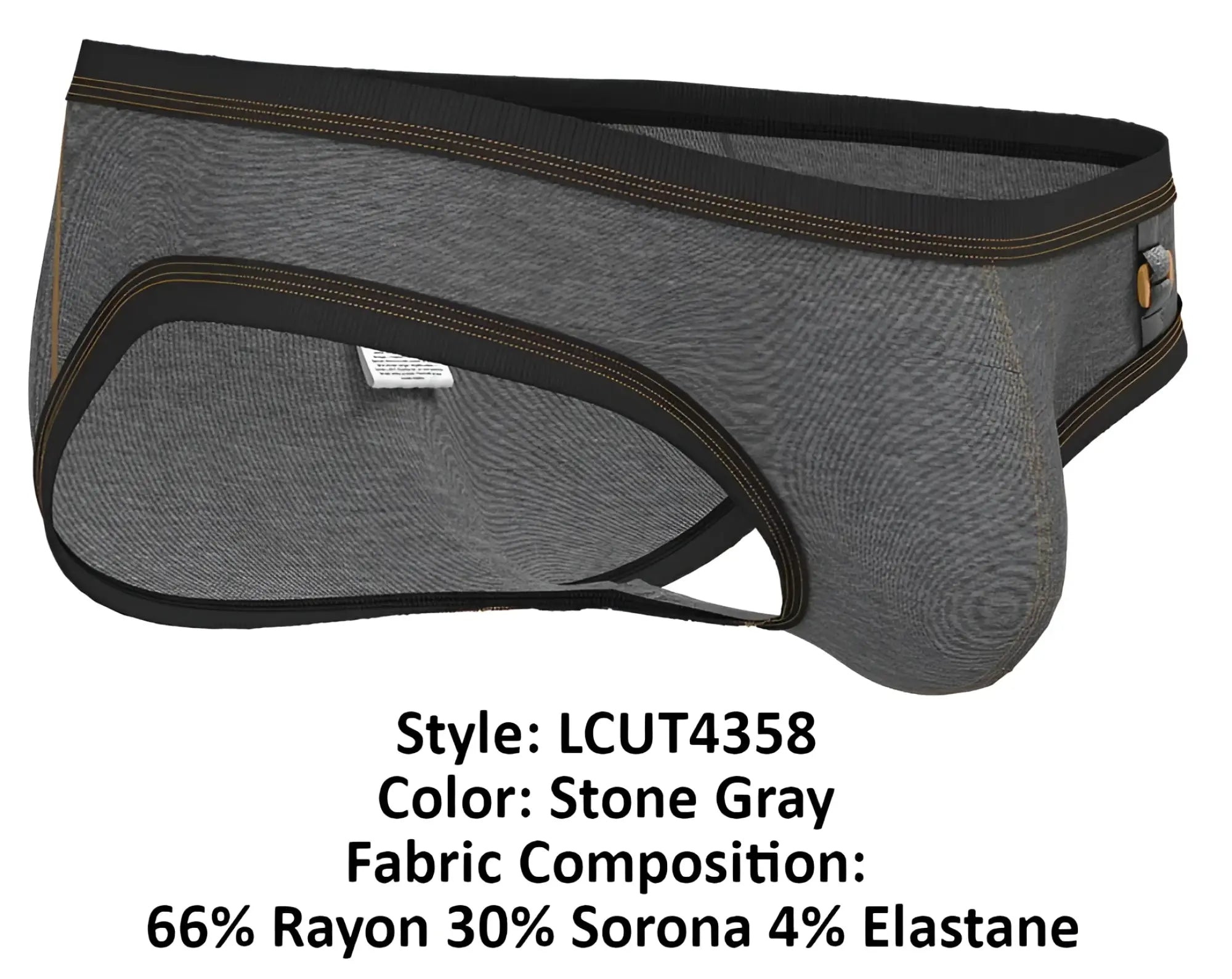 Stone gray private structure lcut4358 barn boy low rise men’s briefs with black trim and gold stitching made from rayon sorona elastane