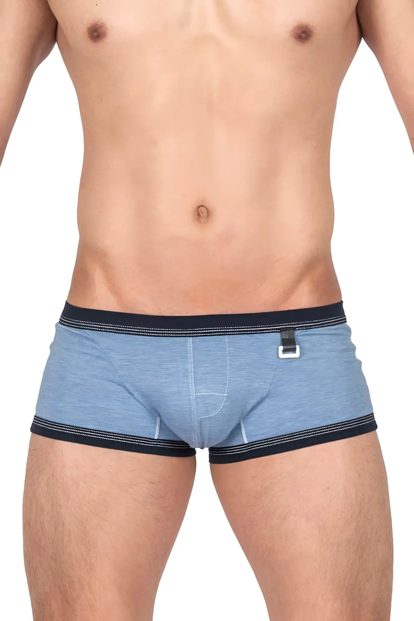 Private structure barn boy low rise trunk denim color heathered blue briefs with navy trim and white buckle