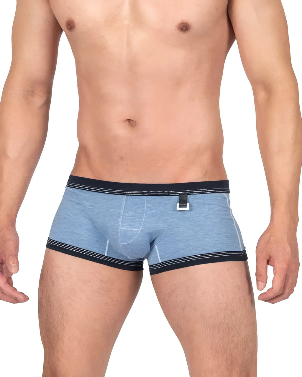 Blue heathered private structure barn boy low rise trunk briefs with black trim and white buckle detail in denim color