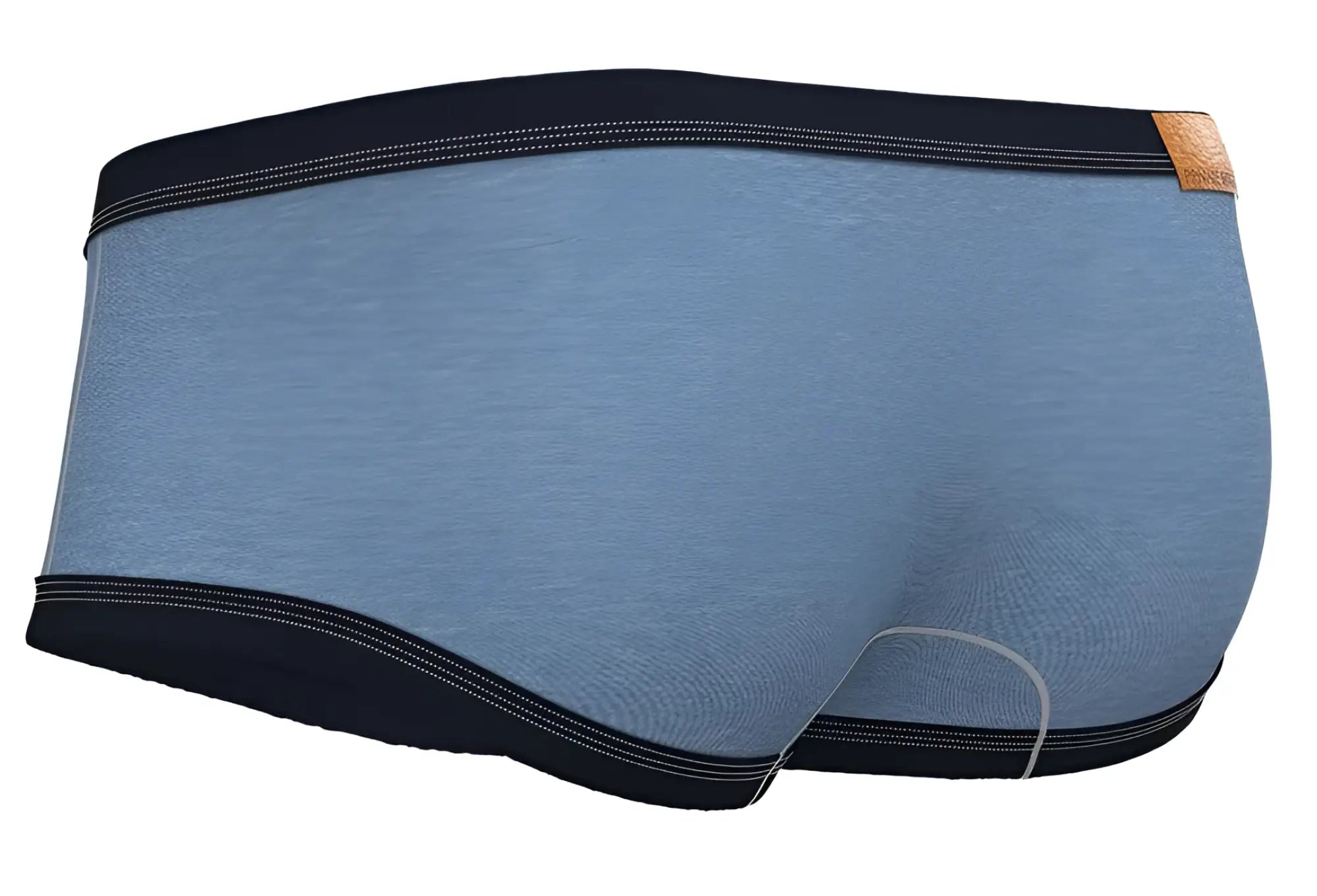 Blue heathered cotton briefs with black elastic waistband and tan leather tag private structure barn boy low rise trunk