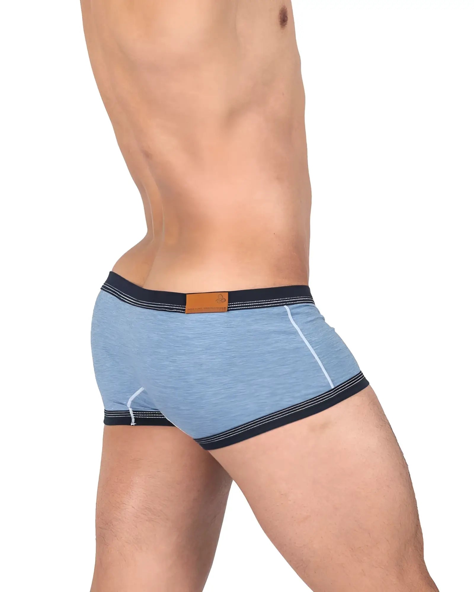 Private structure lcut4359 barn boy low rise trunk light blue heathered boxer briefs with navy trim white stitching and leather patch