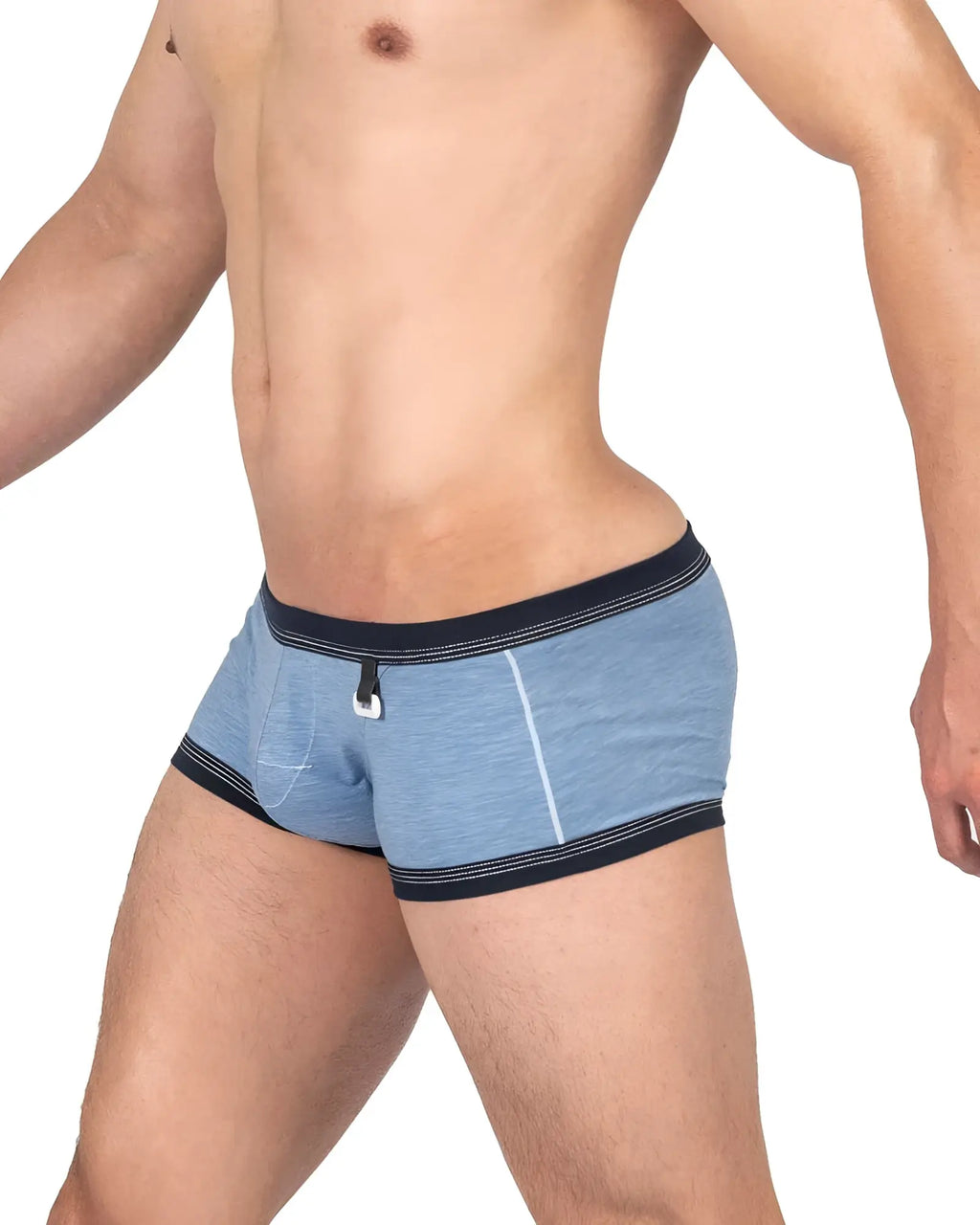 Private structure lcut4359 barn boy low rise trunk denim light blue heathered briefs with navy trim and white zipper pull