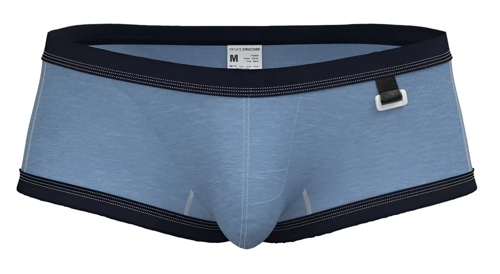 Private structure lcut4359 barn boy low rise trunk in light blue heathered cotton with navy trim and white buckle side detail