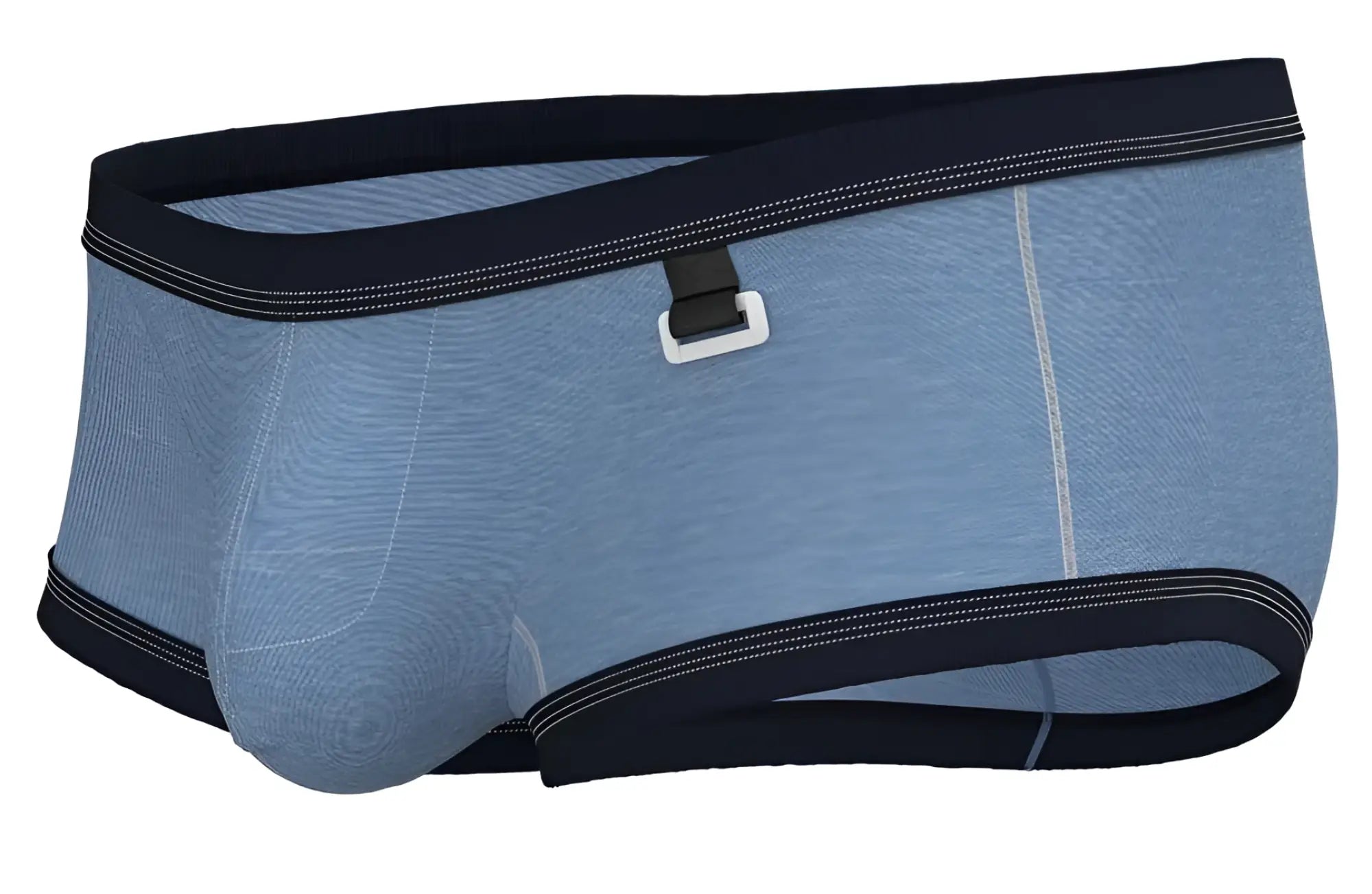 Light blue denim textured private structure barn boy low rise trunk briefs with navy elastic waistband and white buckle closure