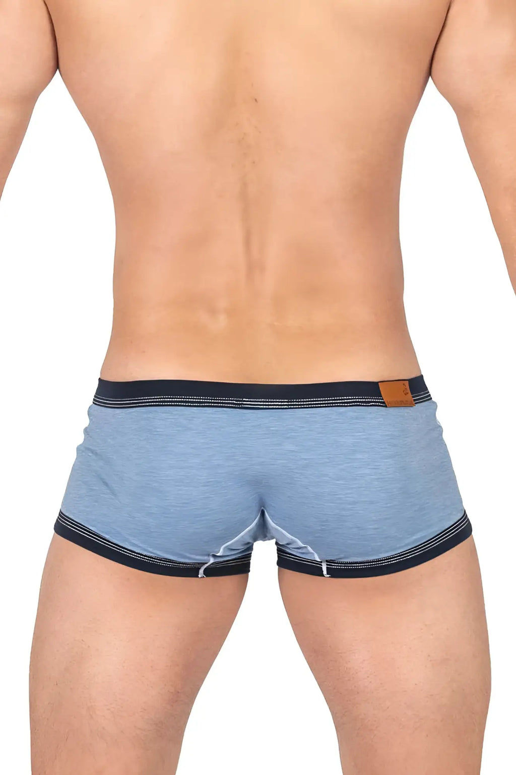 Light blue heathered cotton briefs with navy trim and brown leather patch on waistband private structure lcut4359