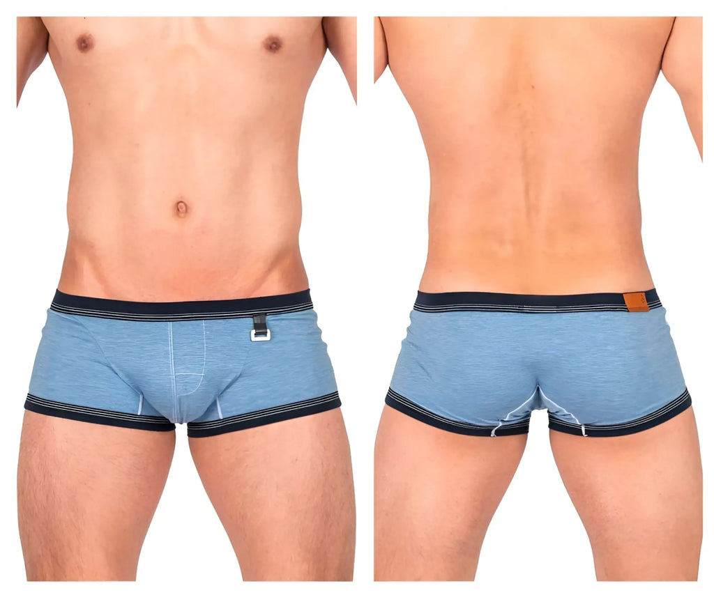 Private structure lcut4359 barn boy low rise trunk denim light blue heathered briefs with navy trim and leather patch