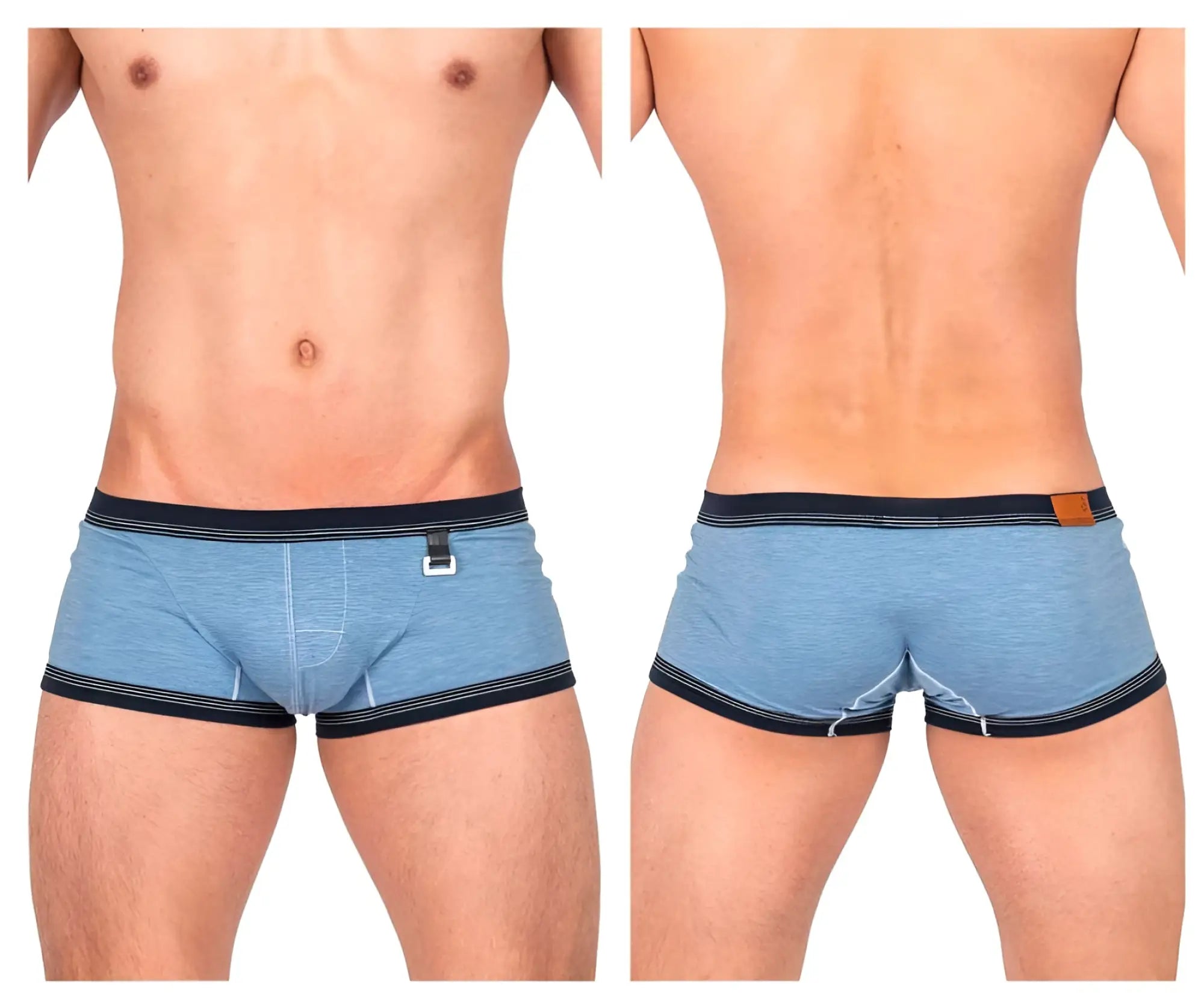 Private structure lcut4359 barn boy low rise trunk denim light blue heathered briefs with navy trim and leather patch