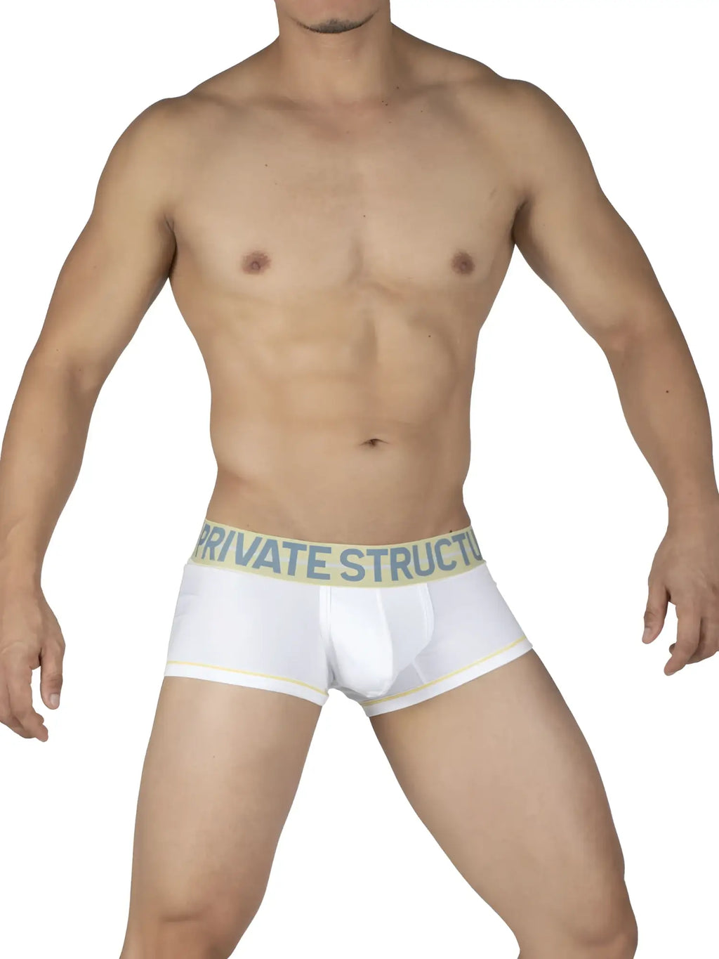 White boxer briefs with light green elastic waistband and private structure text in dark blue mo lite contour brief