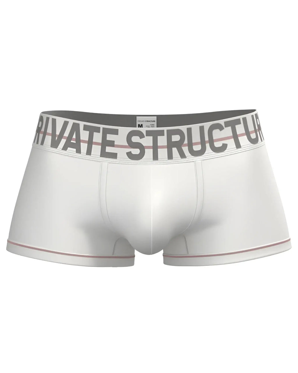 White men’s briefs with gray waistband featuring private structure logo and red trim along leg openings in mo lite contour style