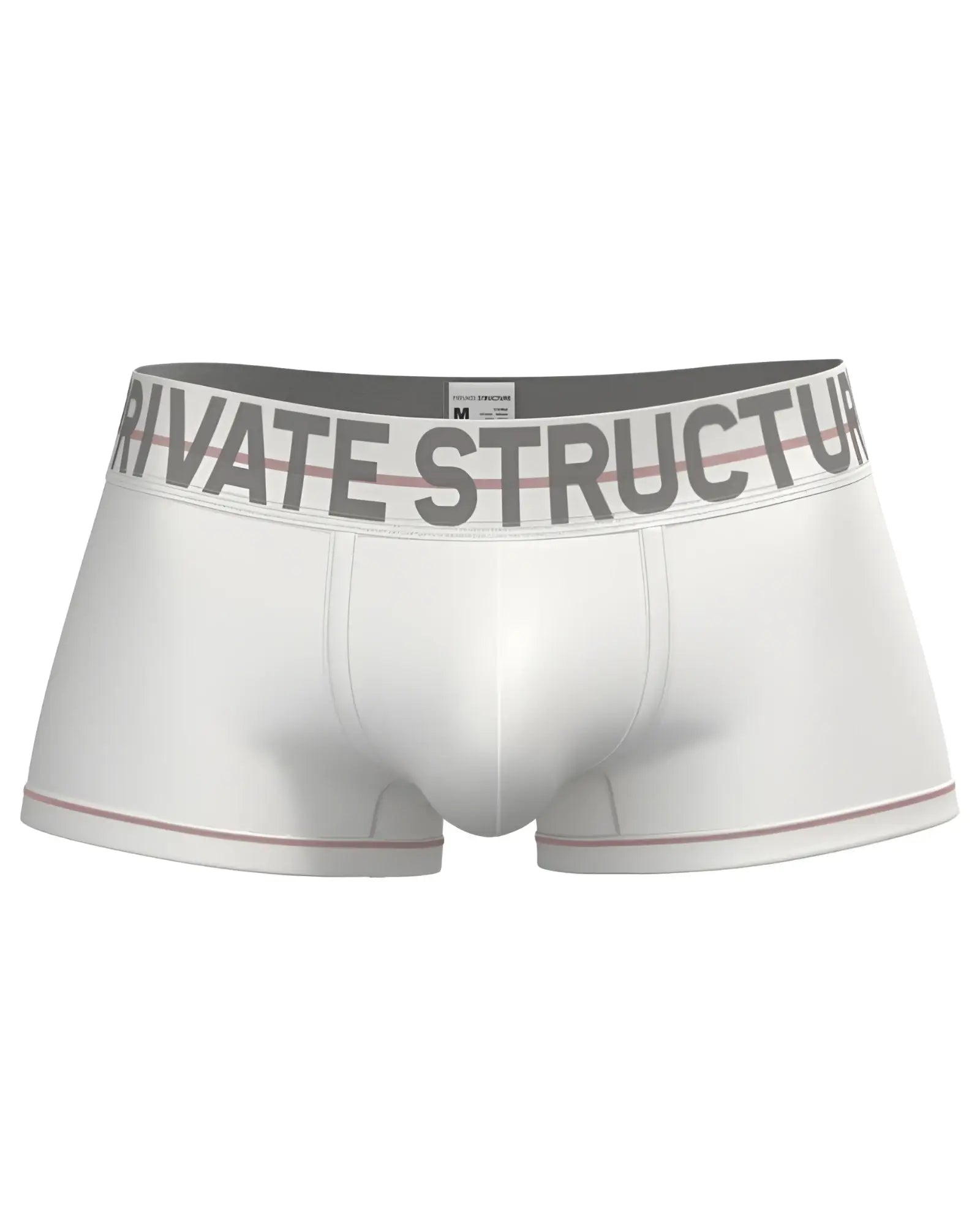 White men’s briefs with gray waistband featuring private structure logo and red trim along leg openings in mo lite contour style
