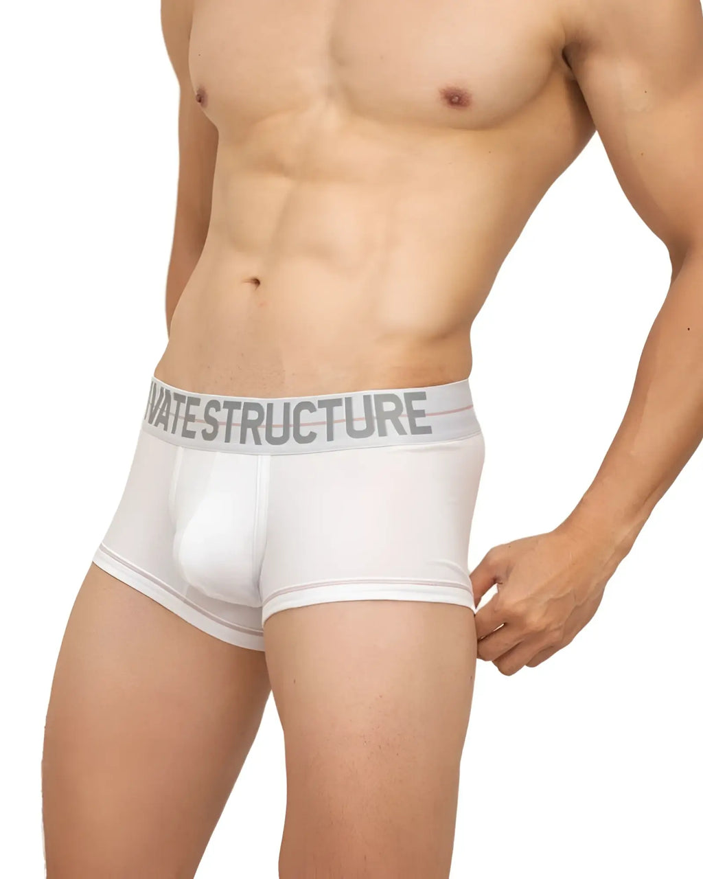 White men’s briefs with gray elastic waistband featuring private structure logo in bold uppercase letters