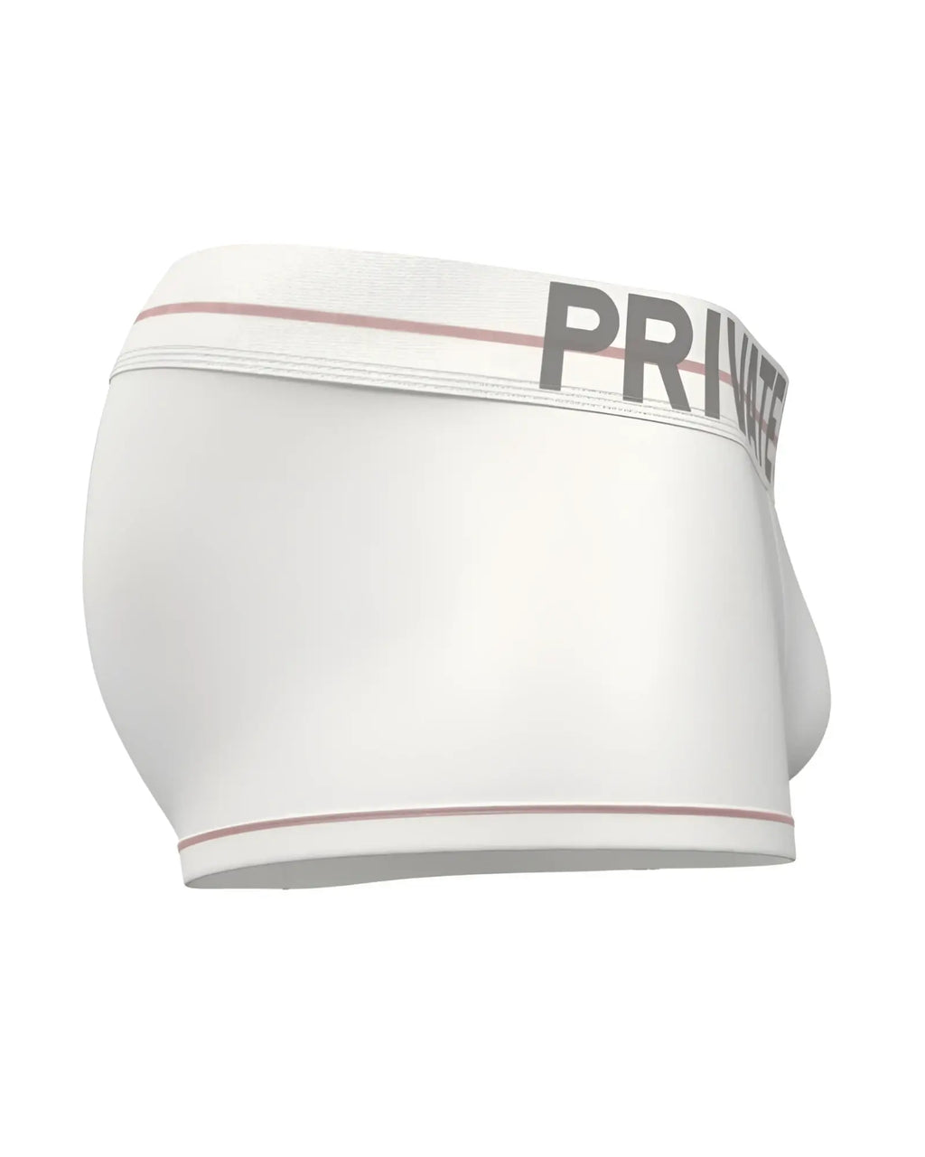 White private structure moux4103 mo lite contour brief with gray private logo and pink trim on waistband and leg openings