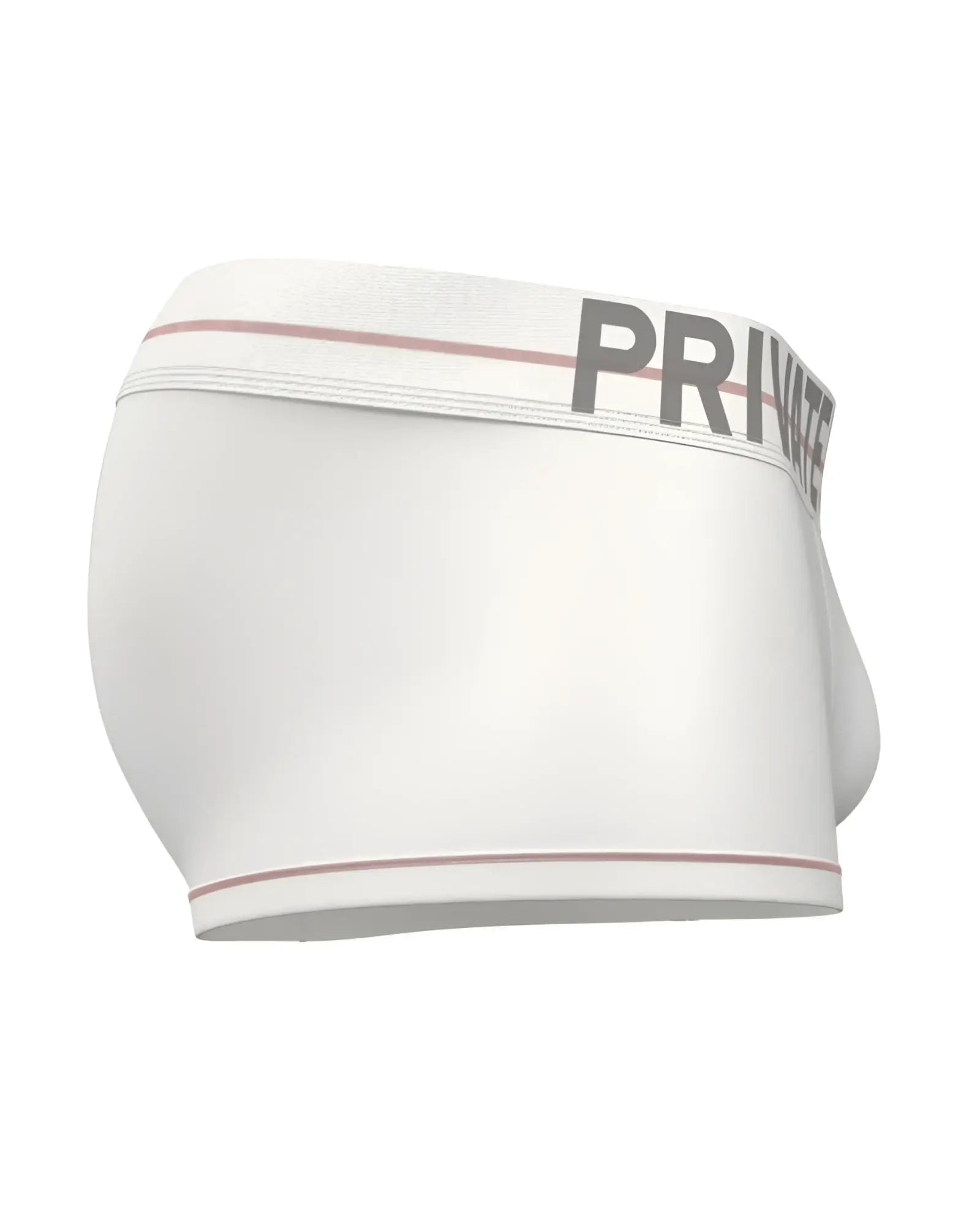 White private structure moux4103 mo lite contour brief with gray private logo and pink trim on waistband and leg openings