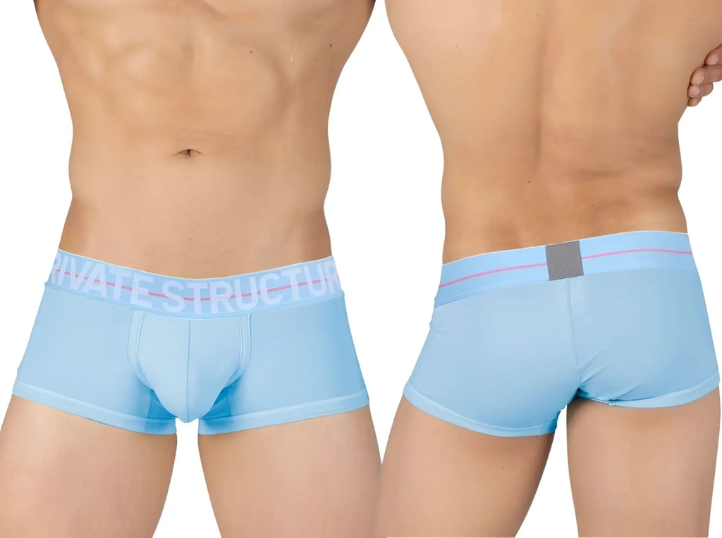 Light blue men’s briefs with pink and white elastic waistband featuring private structure brand name mo lite mid waist trunk