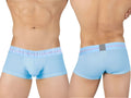 Light blue men’s briefs with pink and white elastic waistband featuring private structure brand name mo lite mid waist trunk