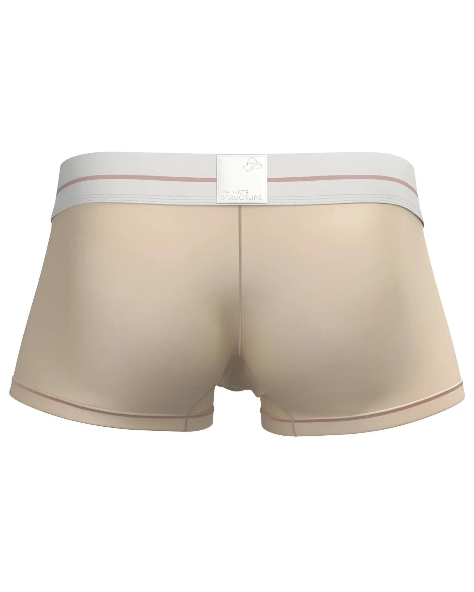 Beige private structure moux4103 mo lite mid waist trunk boxer briefs with white waistband and pink stripes front view