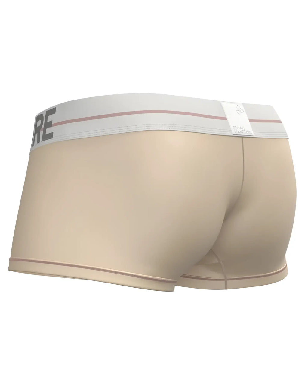 Beige men’s briefs with a white elastic waistband featuring gray lettering and red stripes from private structure mo lite trunk