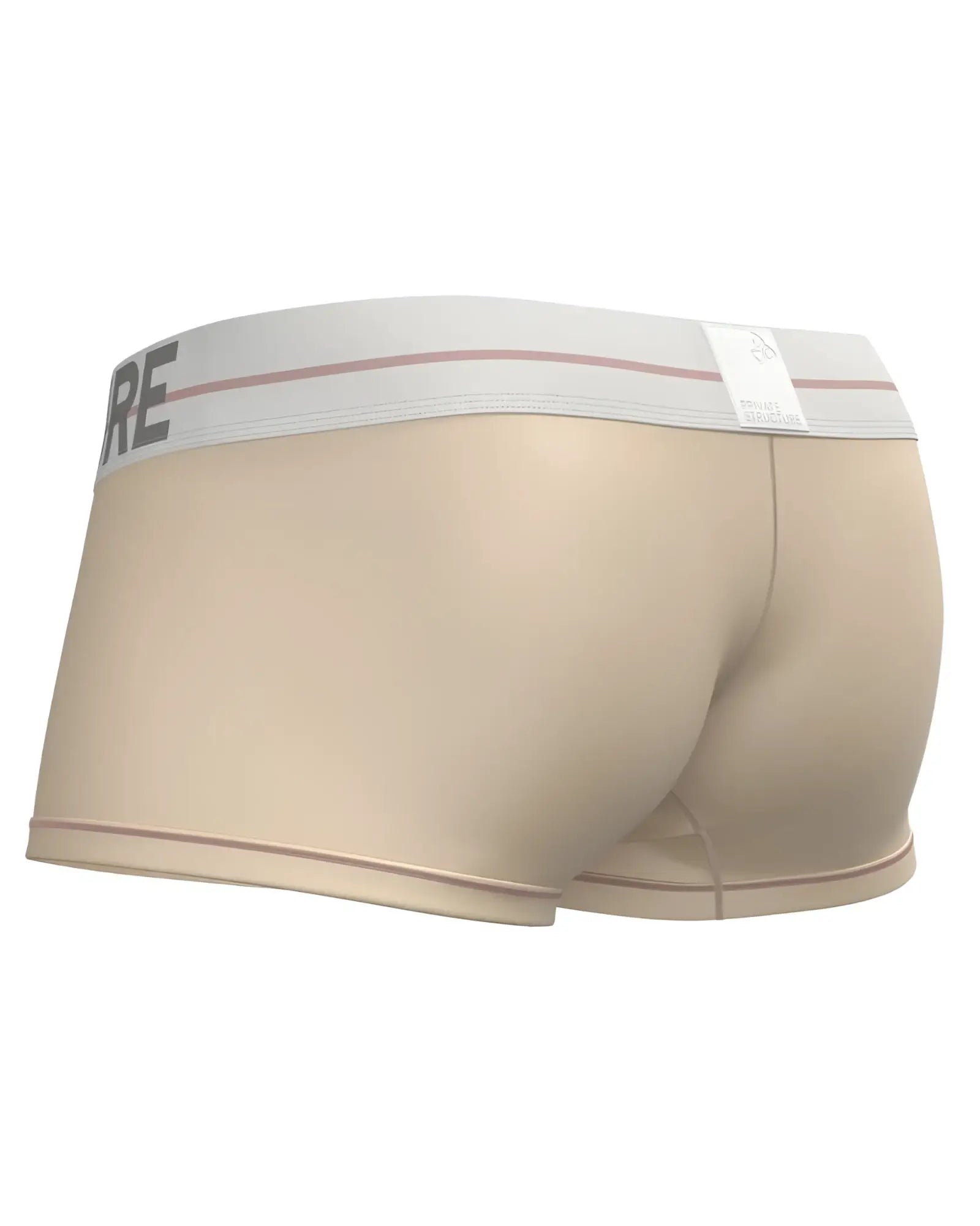 Beige men’s briefs with a white elastic waistband featuring gray lettering and red stripes from private structure mo lite trunk