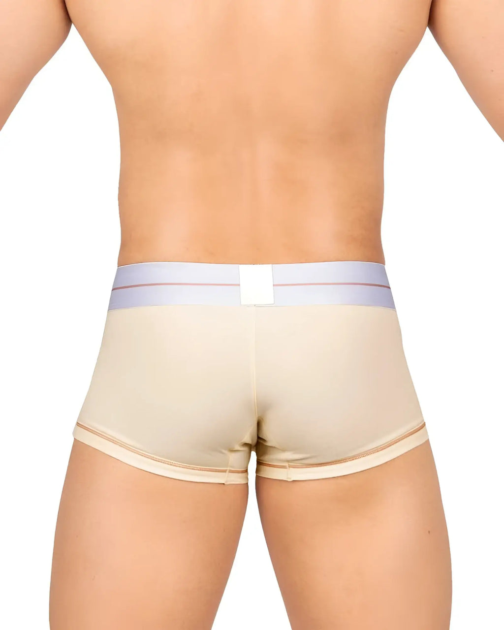Beige men’s briefs private structure moux4103 mo lite mid waist trunk with light purple waistband and pink stripes
