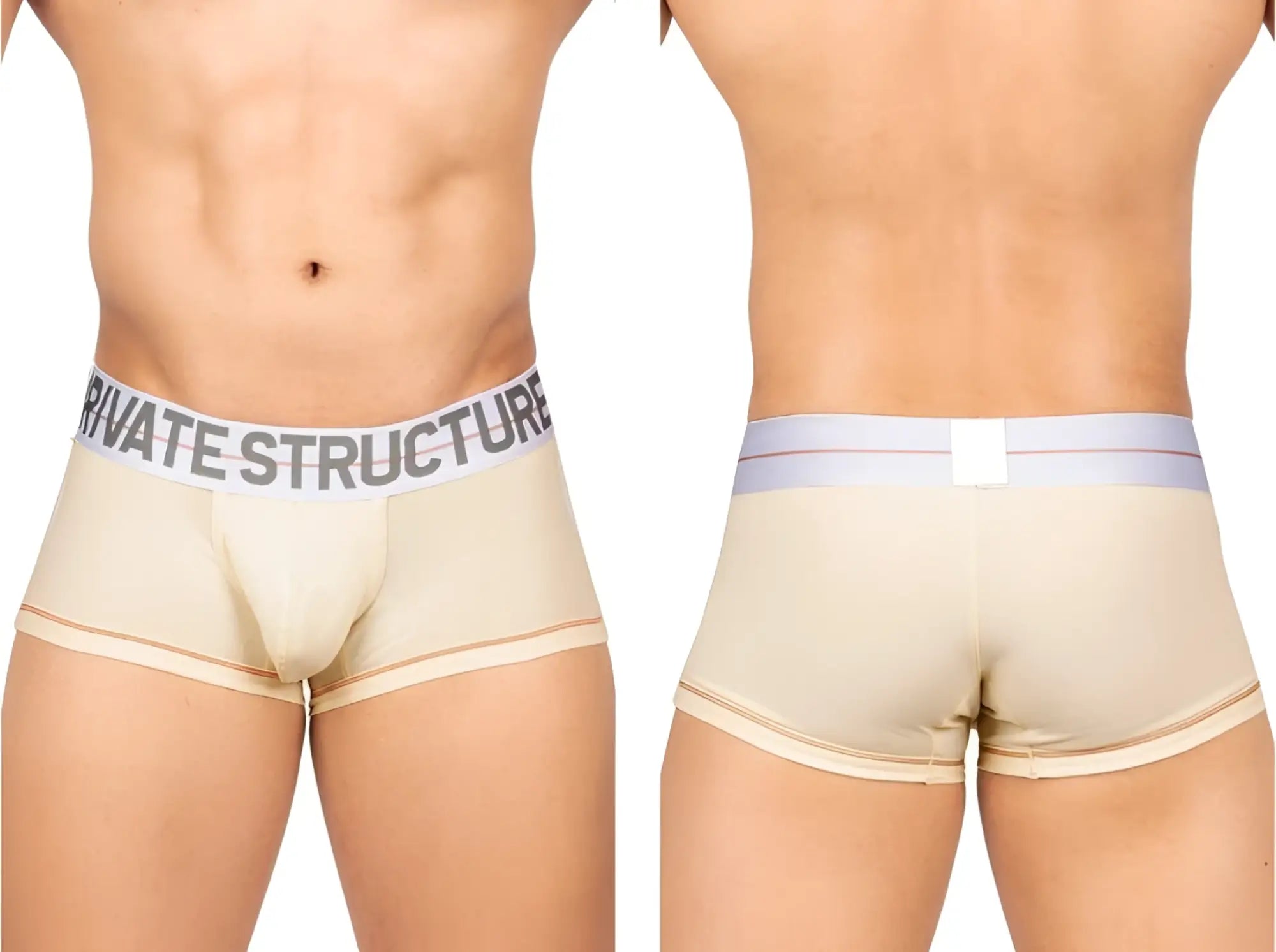 Beige private structure mo lite mid waist trunk with gray and white elastic waistband and logo in cream color