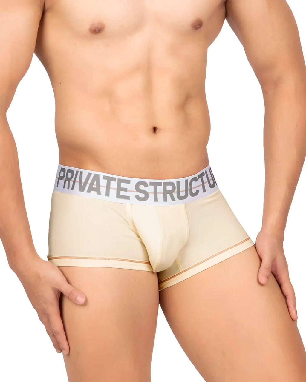 Beige private structure mo lite mid waist trunk briefs with gray elastic waistband and black logo lettering
