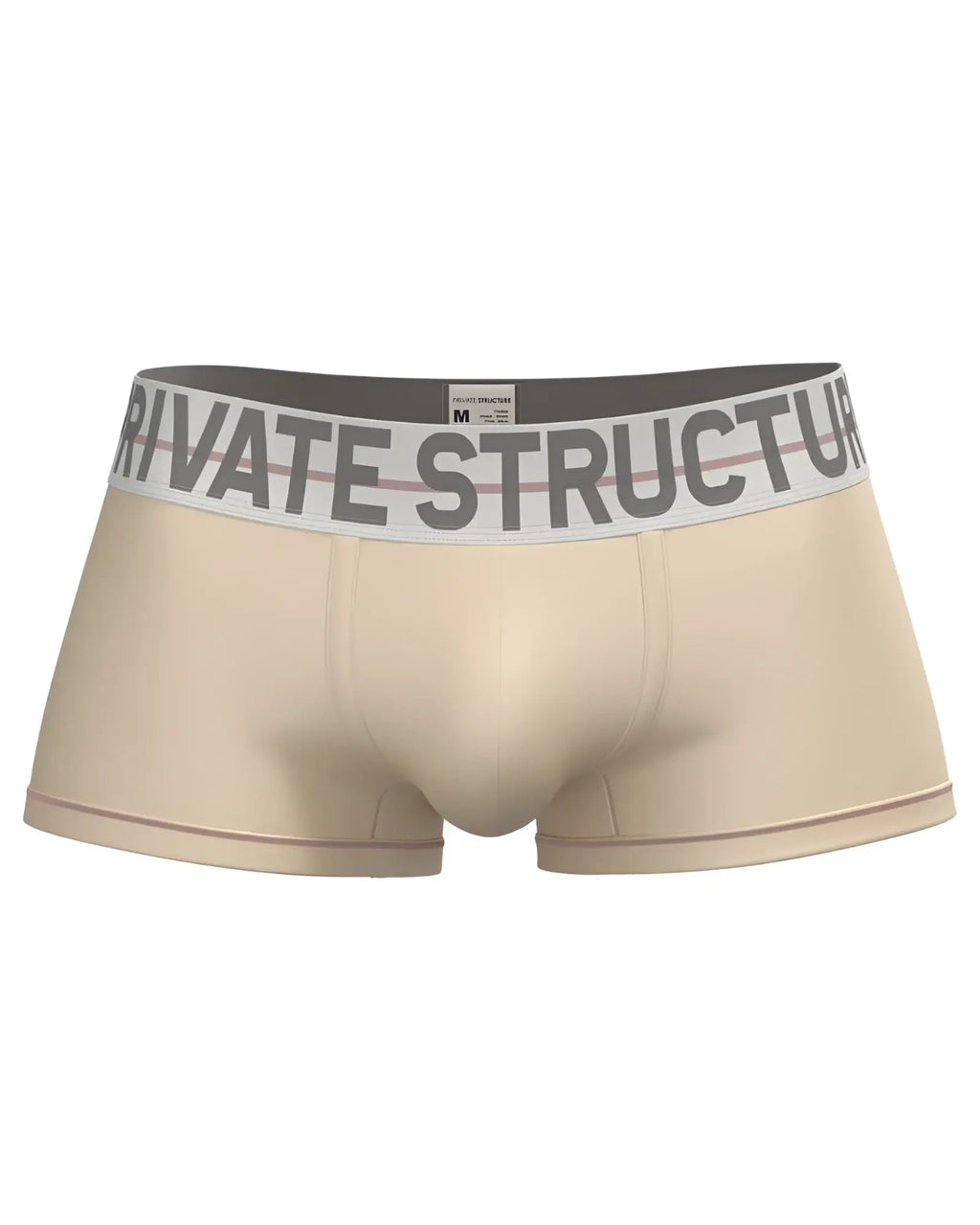 Beige men’s briefs with gray and white elastic waistband featuring private structure brand name in cream color