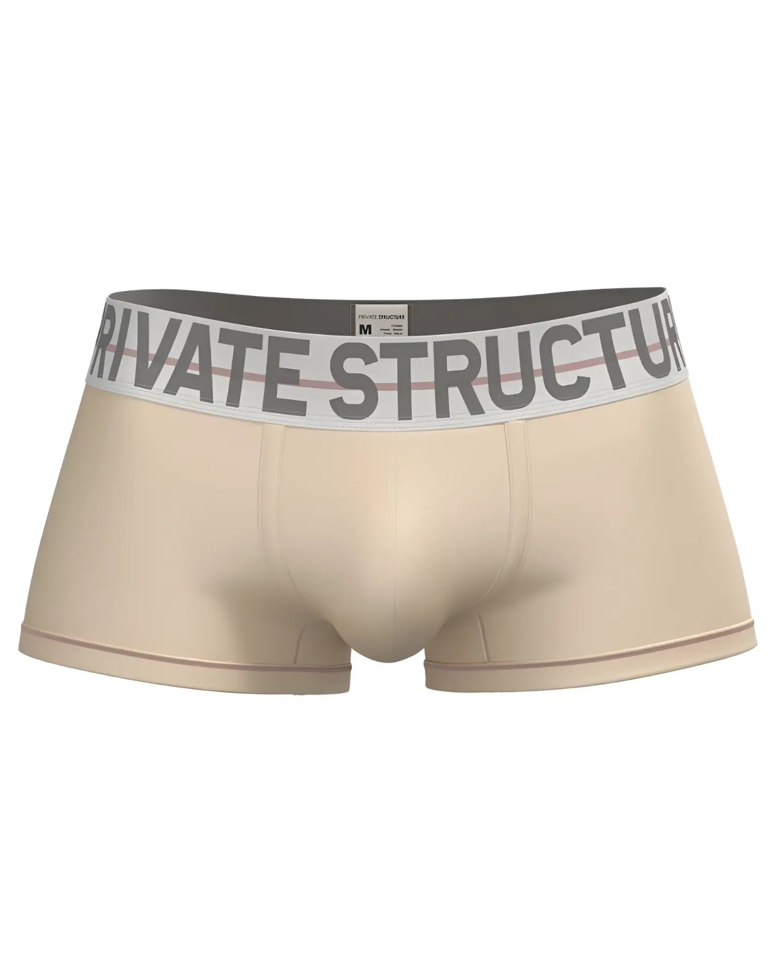 Beige men’s briefs with gray and white elastic waistband featuring private structure brand name in cream color