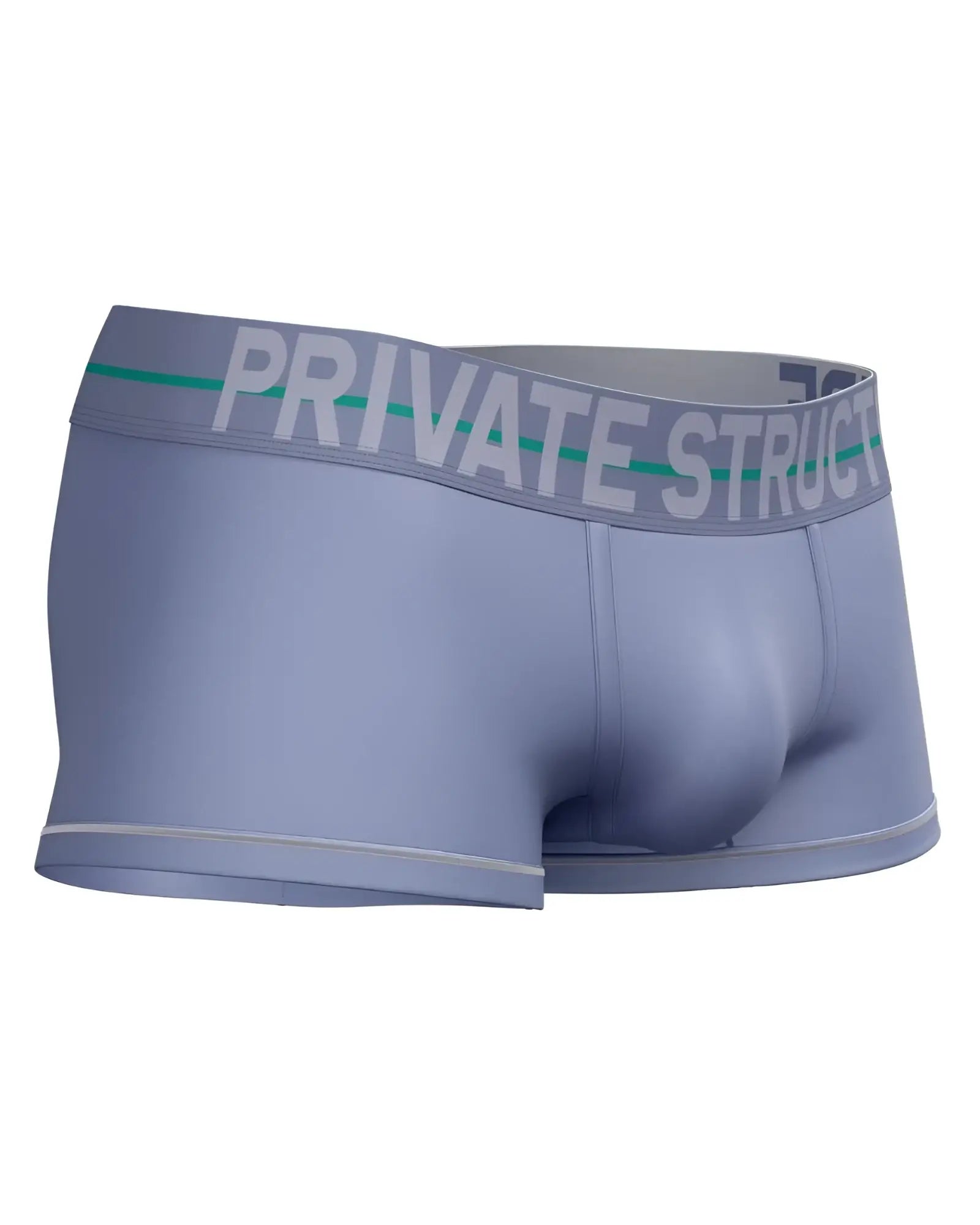 Light blue men’s briefs with gray waistband featuring private structure logo and green stripe mo lite mid waist trunk