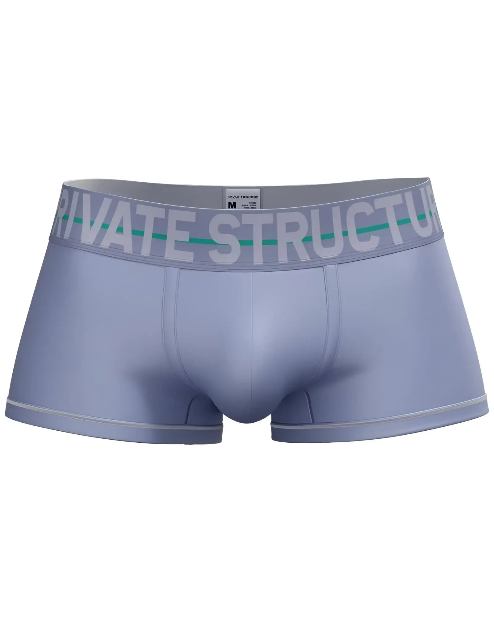 Light gray private structure moux4103 mo lite mid waist trunk boxer briefs with matching waistband and teal stripe