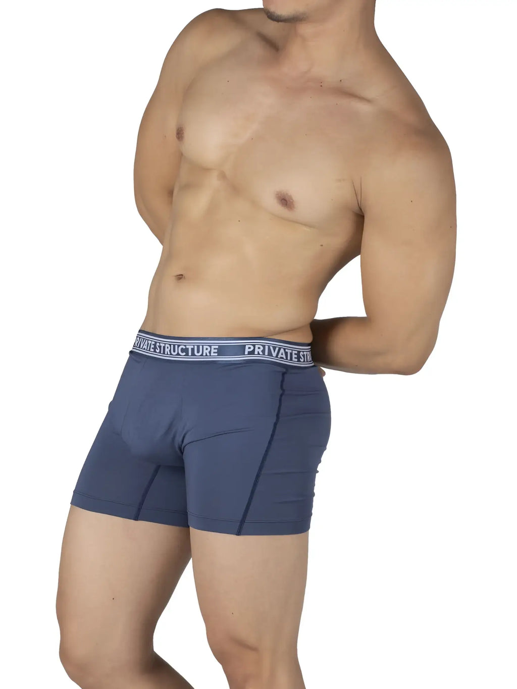 Blue bamboo mid waist boxer briefs with private structure branded white waistband in citadel blue color