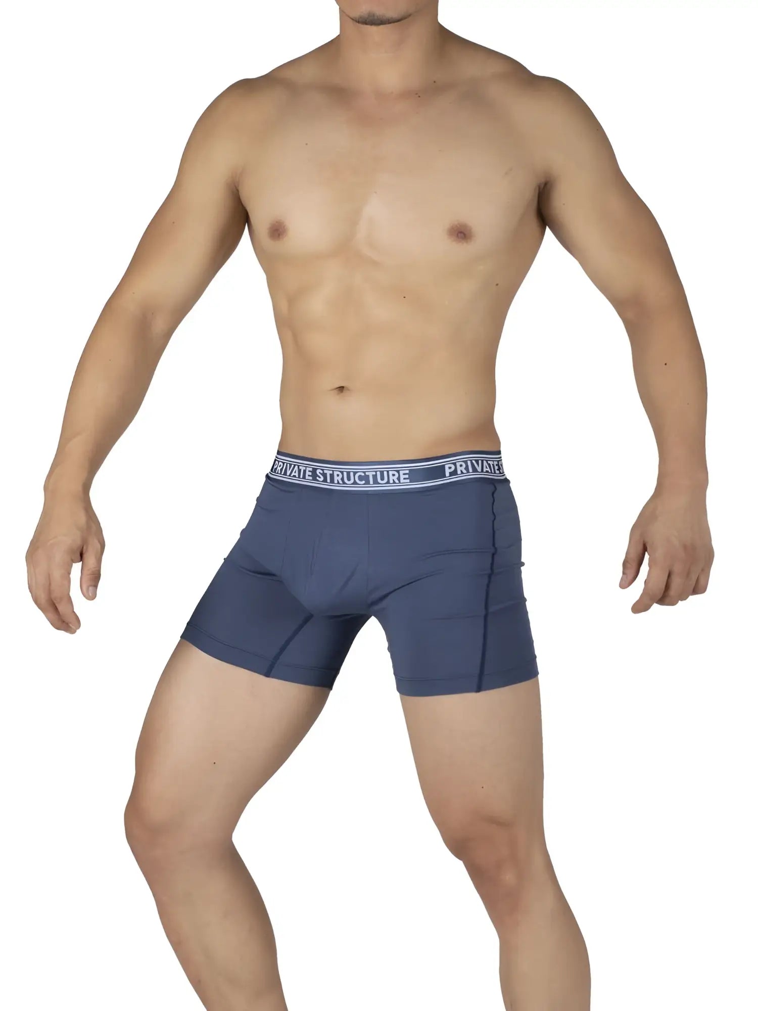 Navy blue private structure bamboo mid waist boxer briefs with white elastic waistband and black branding text