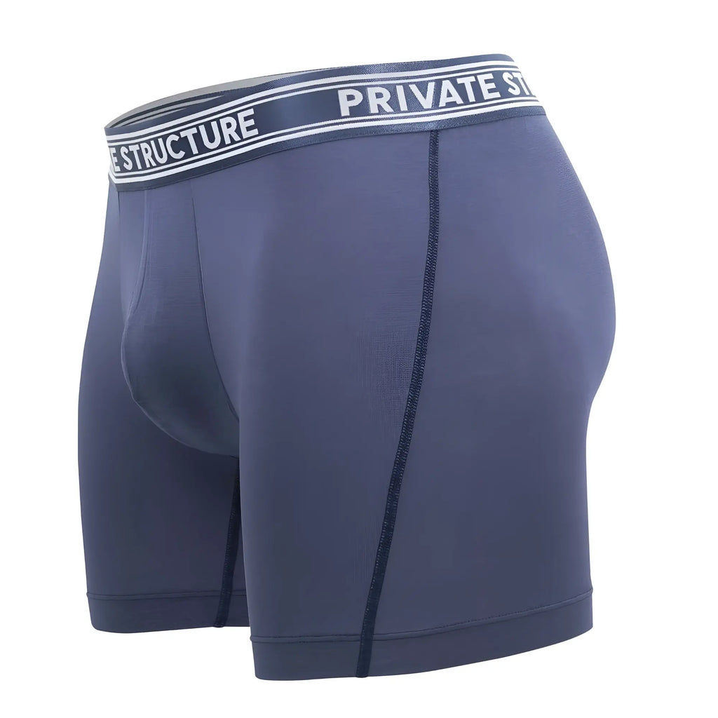 Navy blue private structure bamboo mid waist boxer briefs with white black branded elastic waistband in citadel blue
