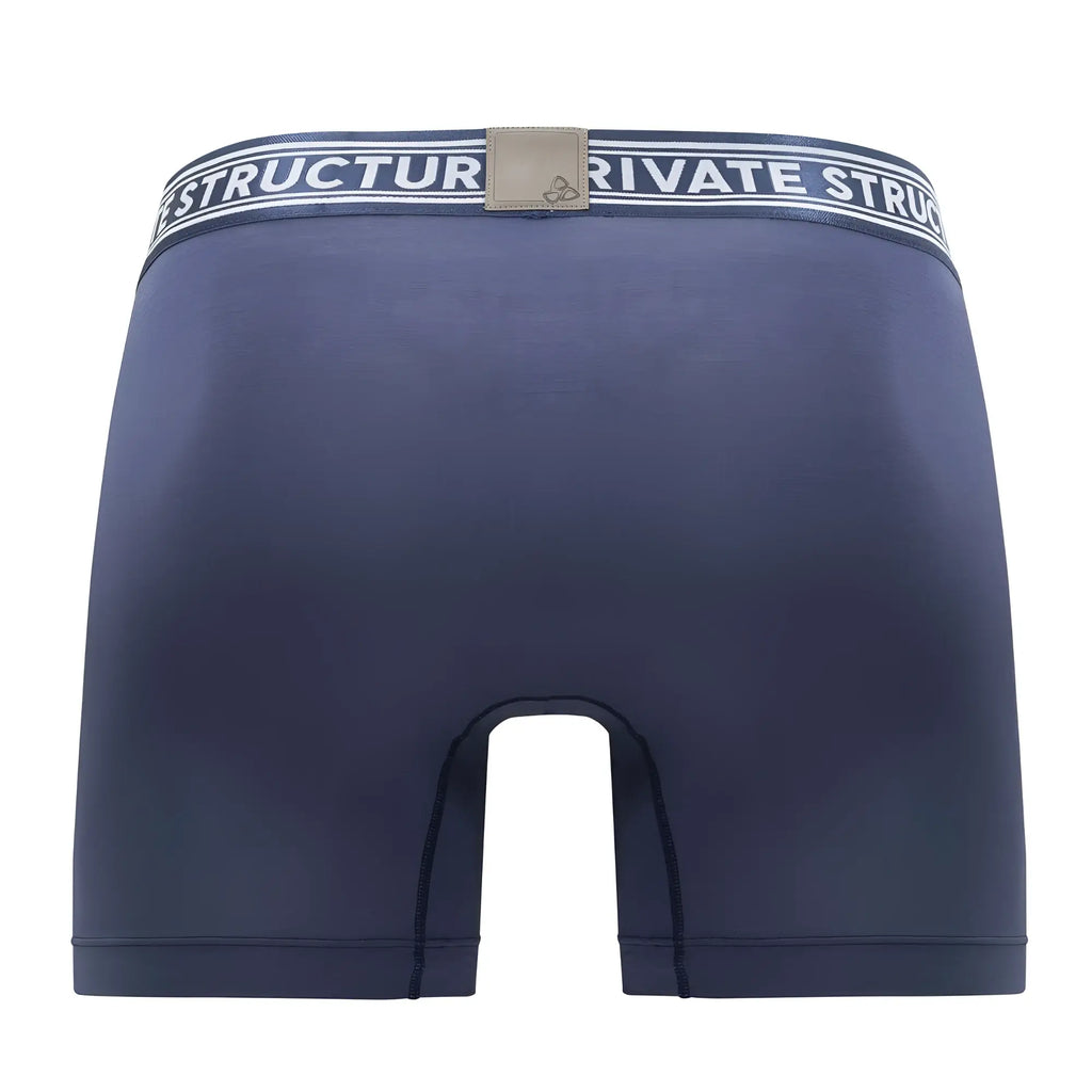 Navy blue Private Structure PBUT4380 bamboo mid waist boxer briefs with white black striped waistband and logo patch