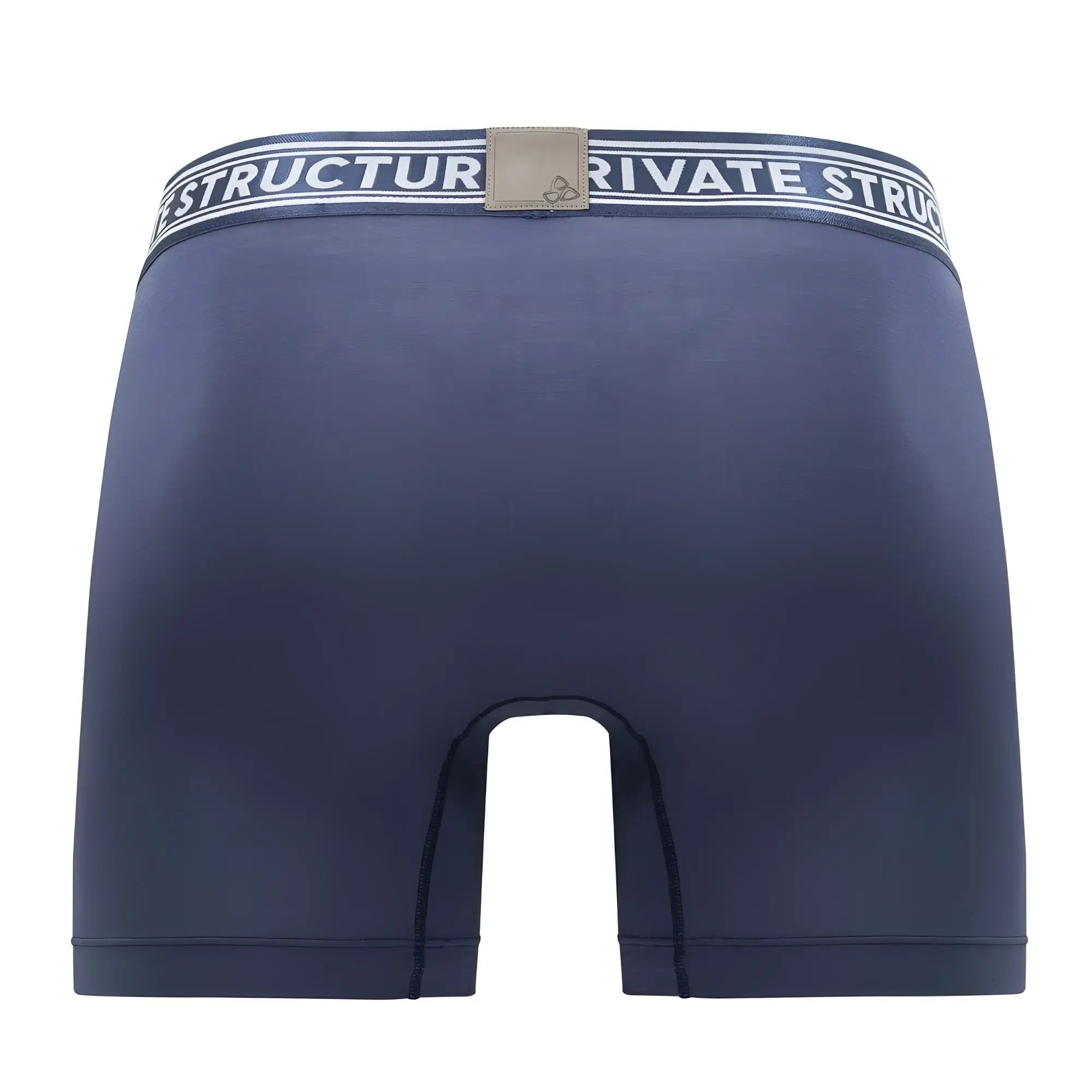 Navy blue Private Structure PBUT4380 bamboo mid waist boxer briefs with white black striped waistband and logo patch