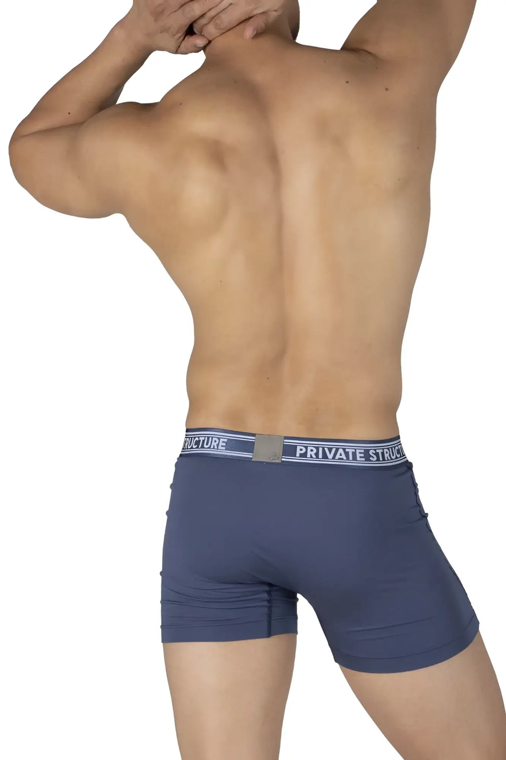 Navy blue private structure bamboo mid waist boxer briefs with white and gray branded elastic waistband citadel blue