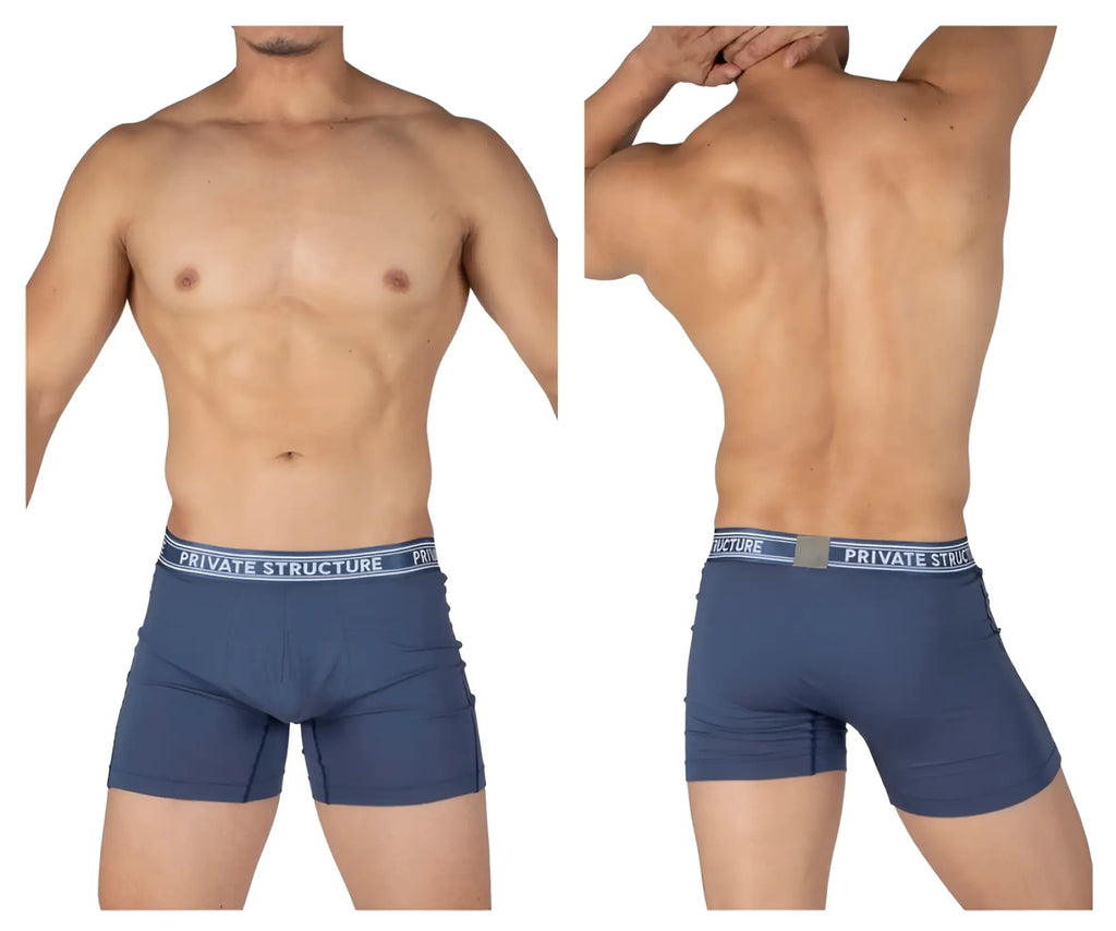 Navy blue private structure bamboo mid waist boxer briefs with white and gray branded waistband in citadel blue