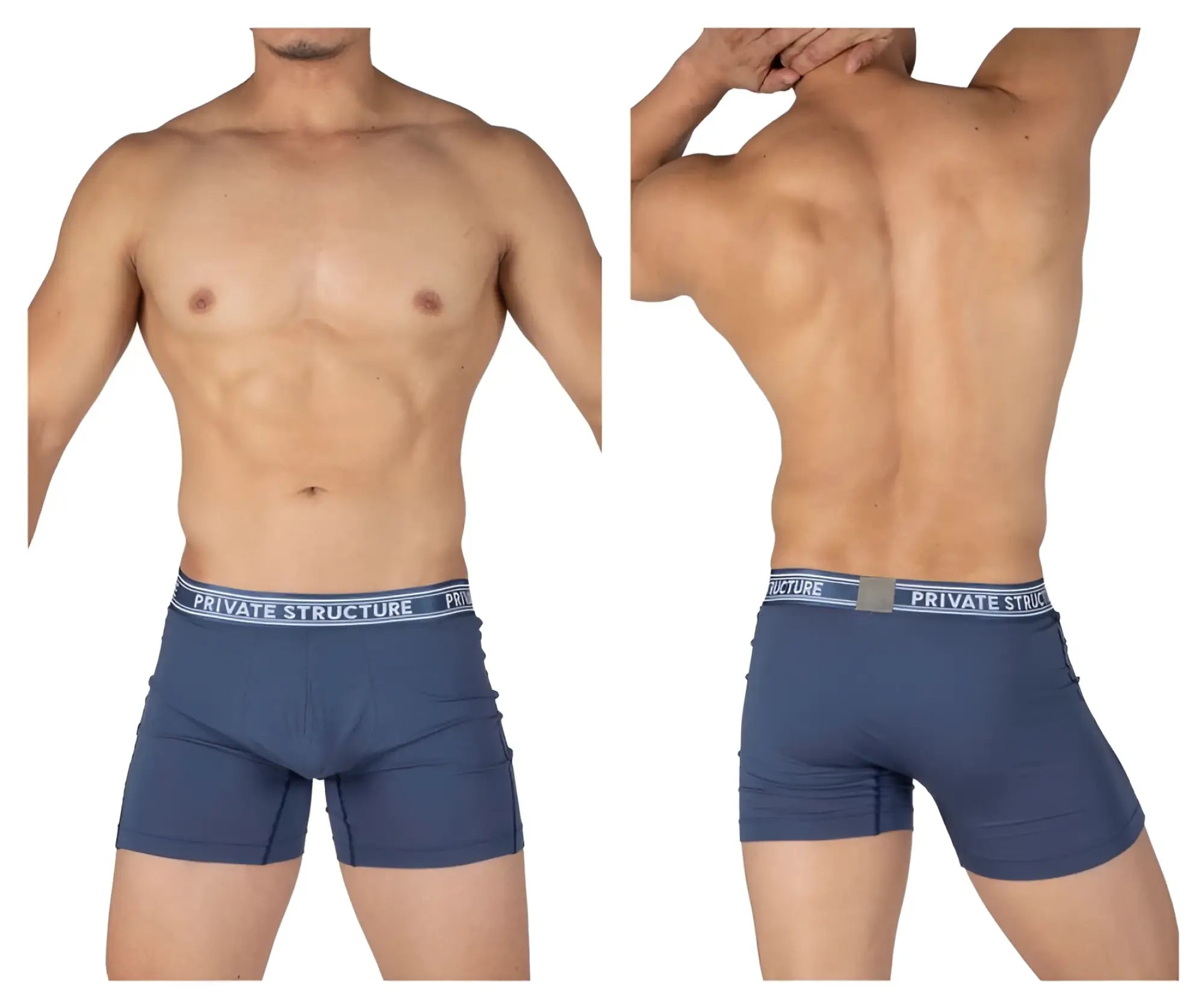 Navy blue private structure bamboo mid waist boxer briefs with white and gray branded waistband in citadel blue