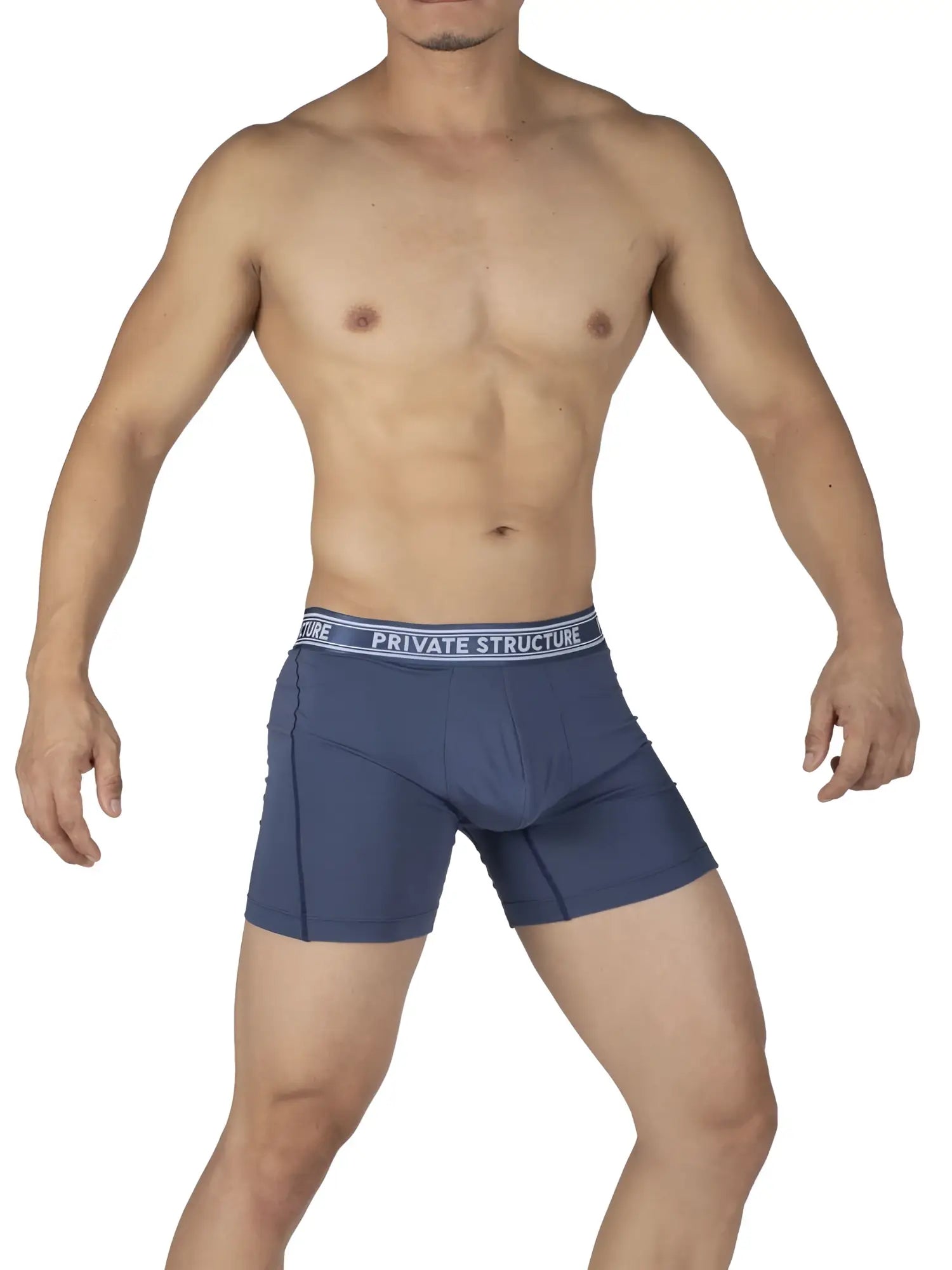 Dark blue private structure men’s bamboo mid waist boxer briefs with white branded elastic waistband citadel blue color