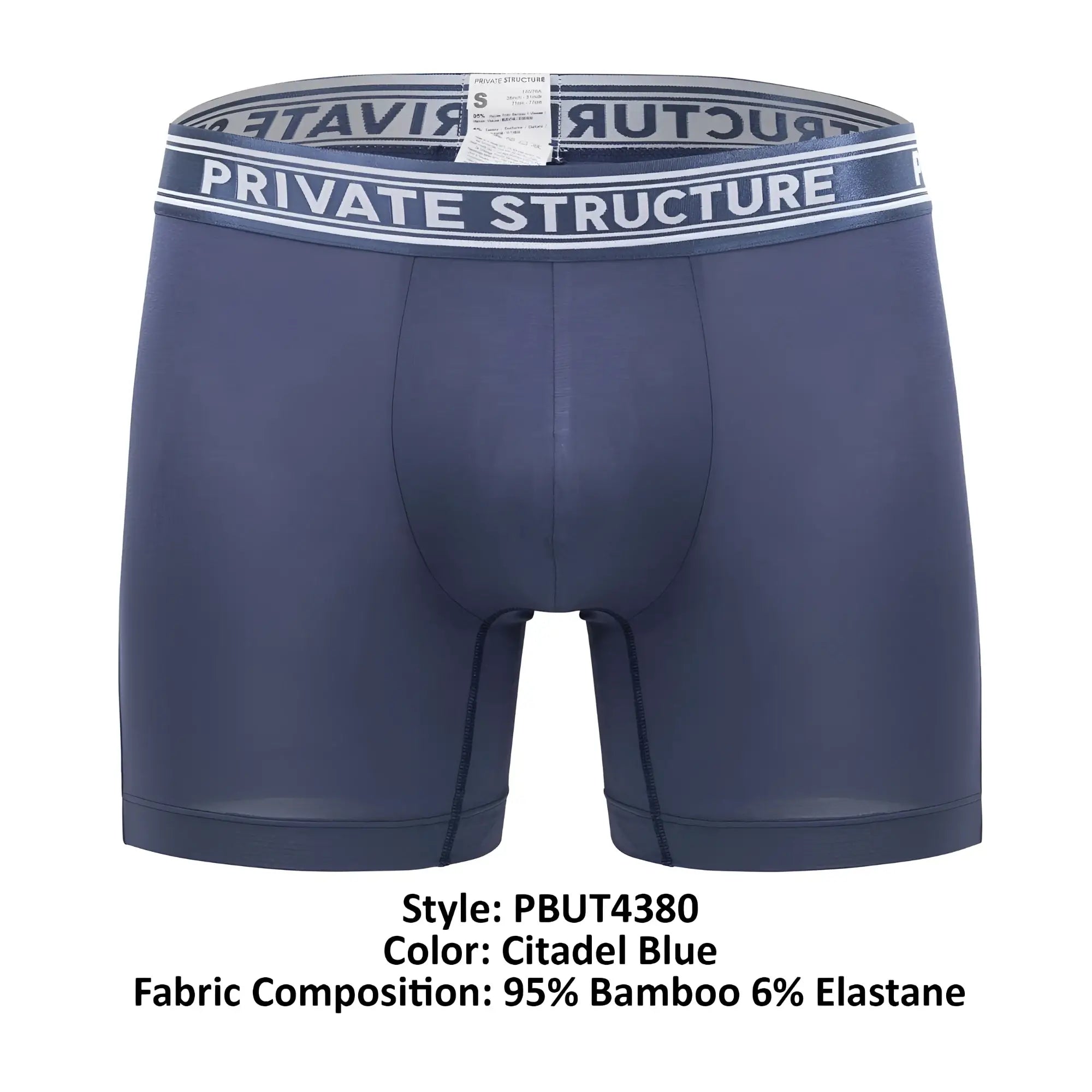 Navy blue private structure bamboo mid waist boxer briefs with white and gray elastic waistband in citadel blue