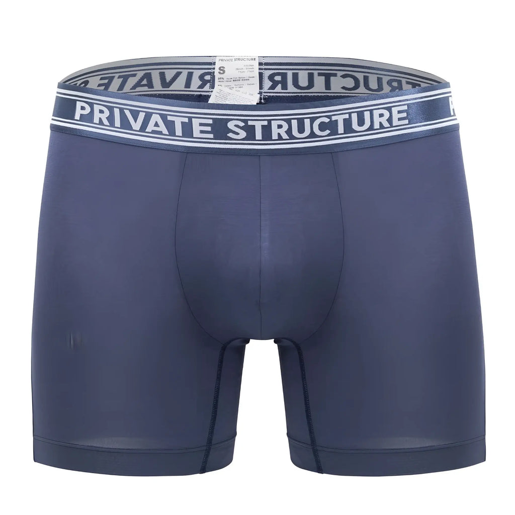 Dark blue private structure bamboo mid waist boxer briefs with gray waistband and white logo lettering
