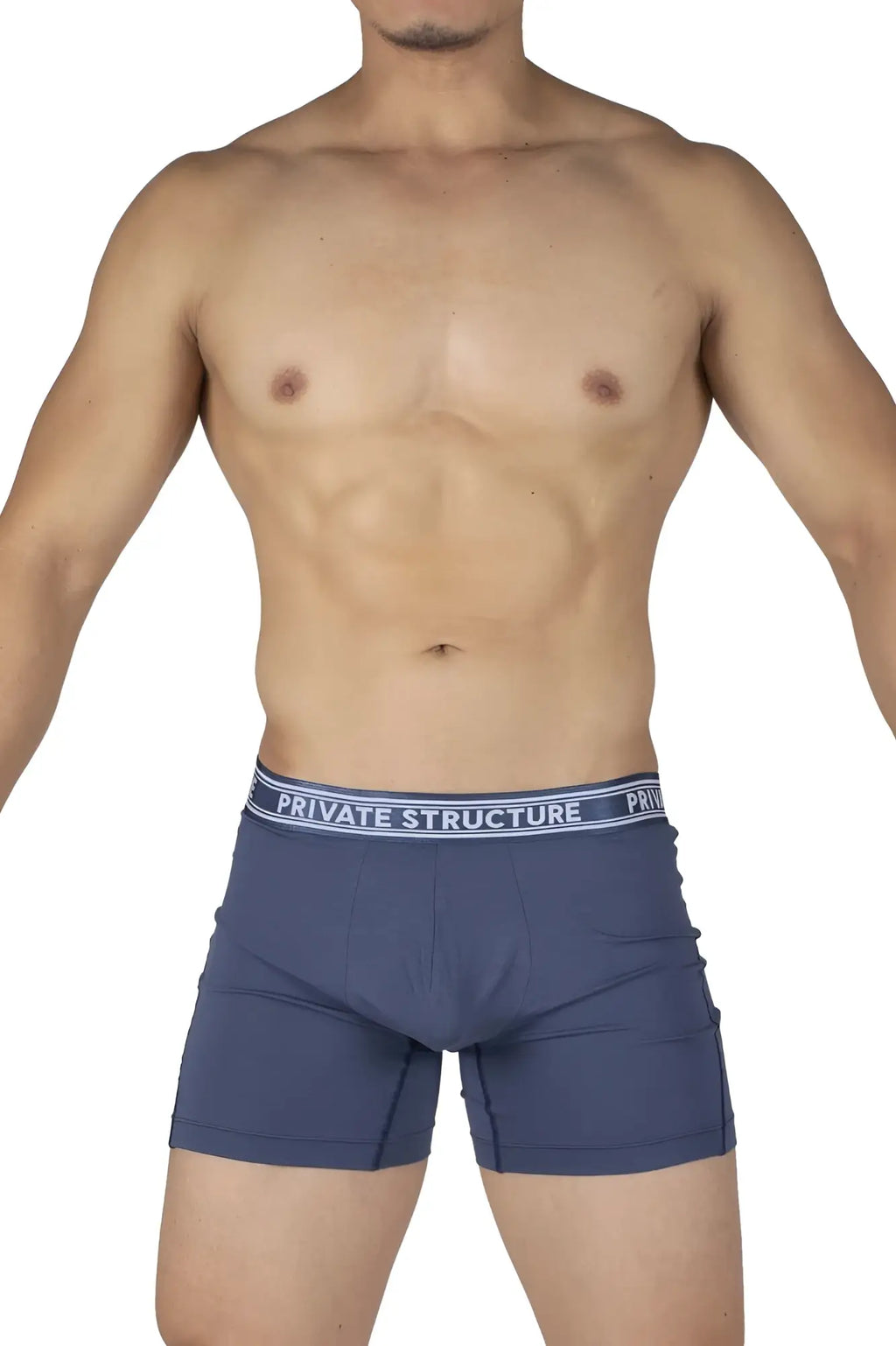 Navy blue Private Structure bamboo mid waist boxer briefs with white and gray waistband in citadel blue color