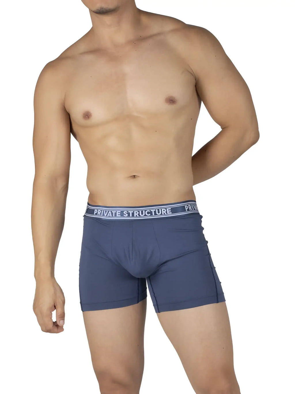 Men’s private structure bamboo mid waist boxer briefs in citadel blue with white branded elastic waistband