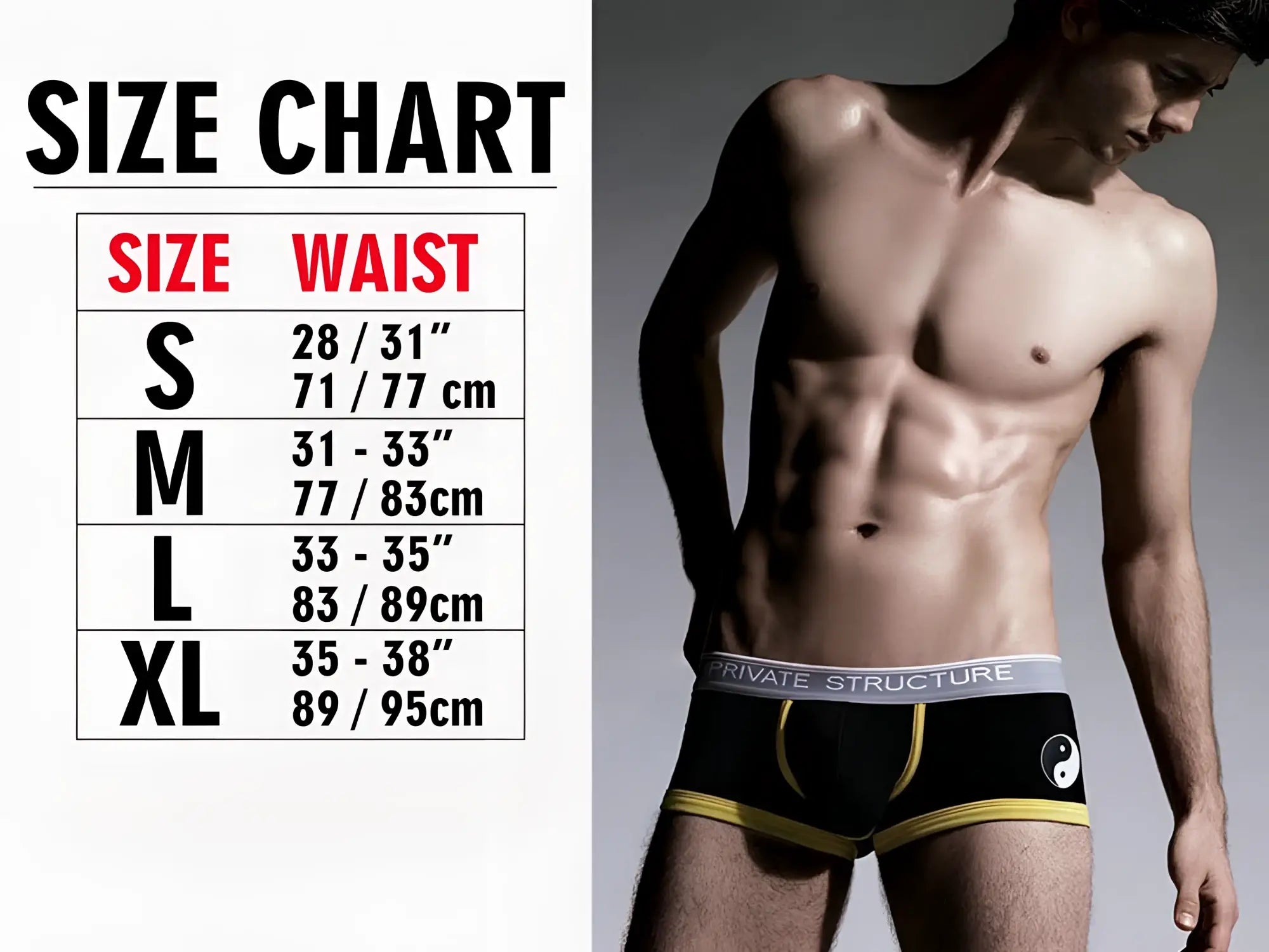 Black private structure platinum bamboo briefs with yellow trim white yin-yang symbol and gray waistband