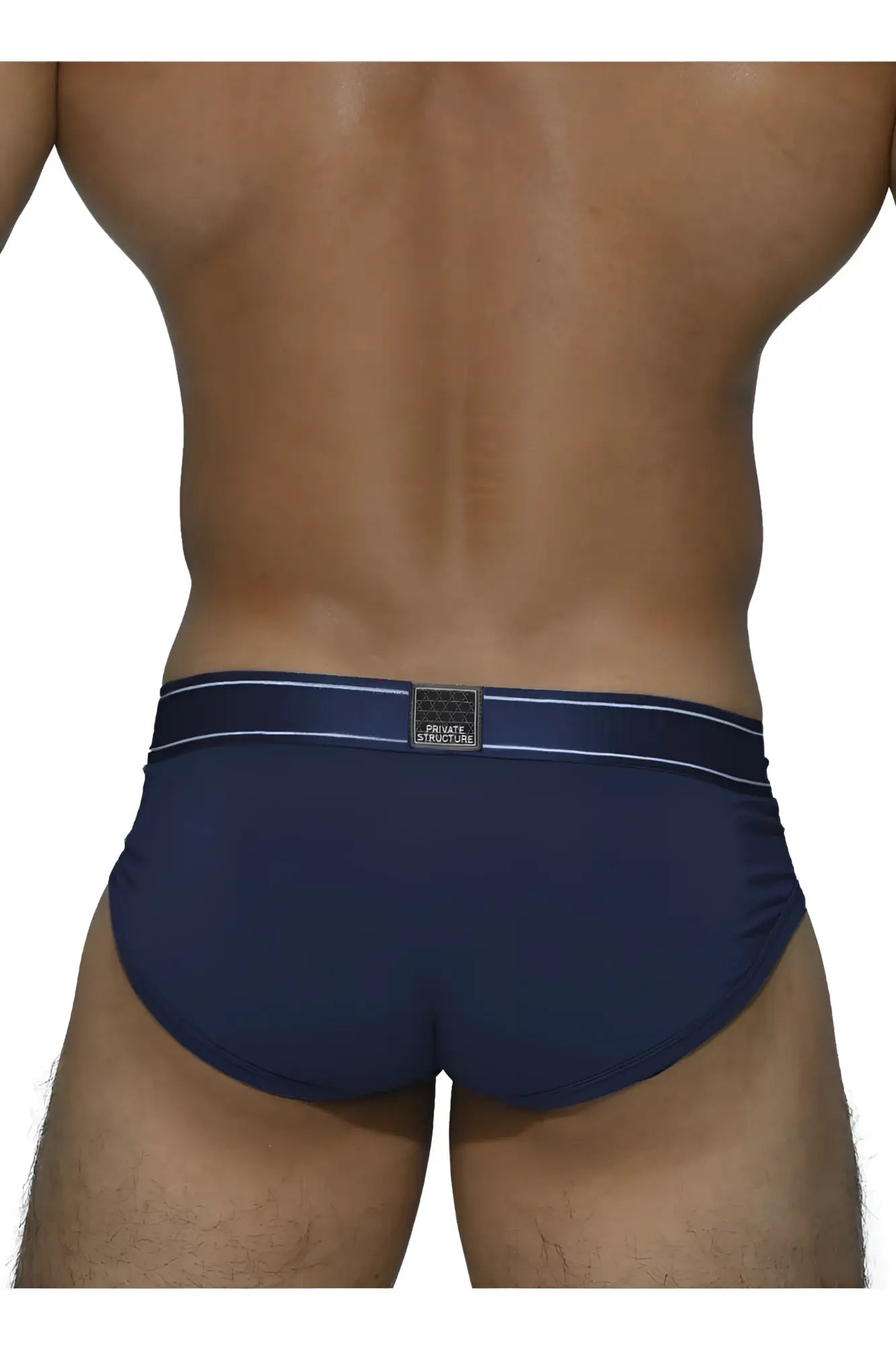 Navy blue Private Structure PBUZ3748 Platinum Bamboo briefs with white trim and black brand label on the waistband