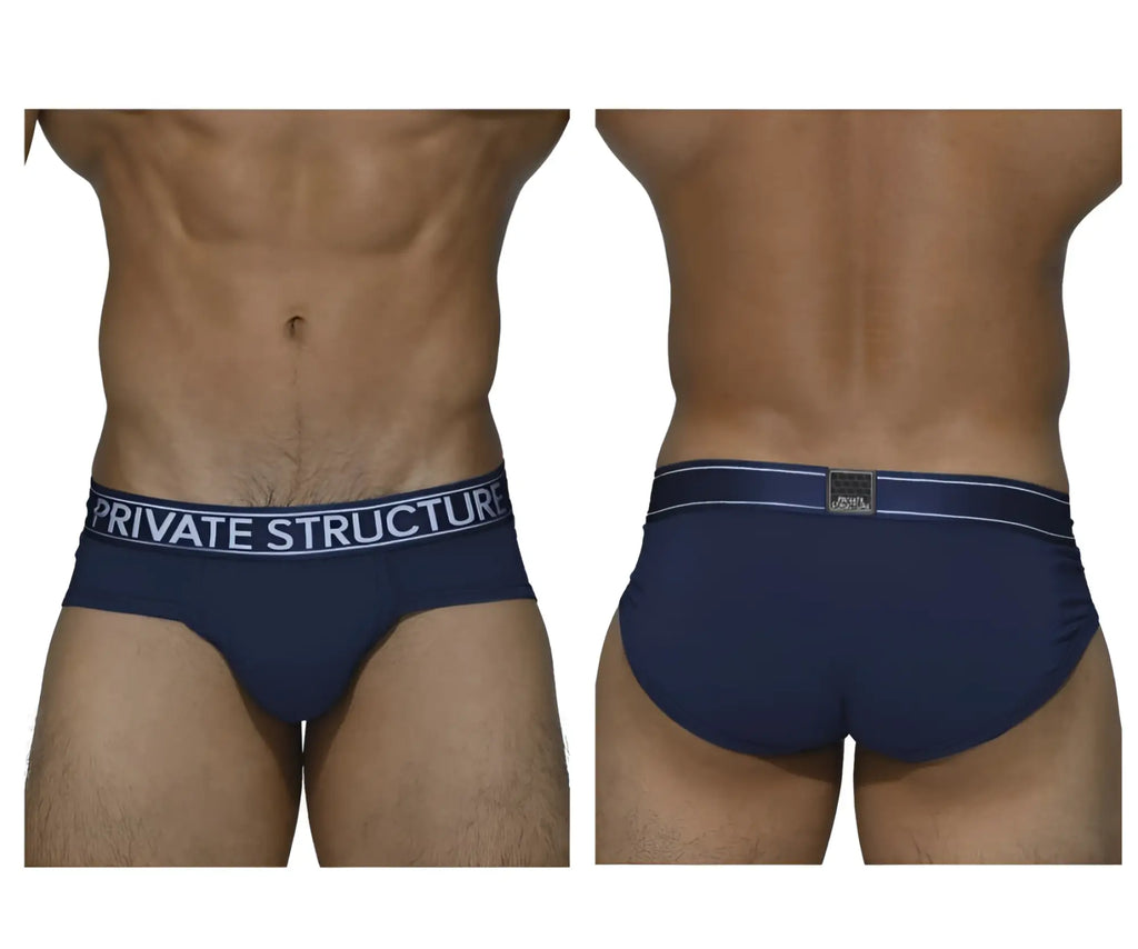 Navy blue private structure platinum bamboo briefs with white waistband branding and metallic logo patch at back