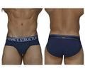 Navy blue private structure platinum bamboo briefs with white waistband branding and metallic logo patch at back
