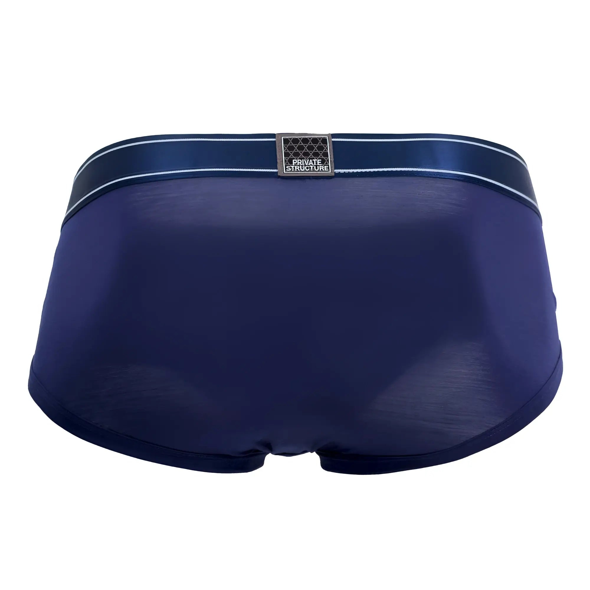 Deep navy blue private structure platinum bamboo briefs featuring a satin waistband with white stripes and brand patch